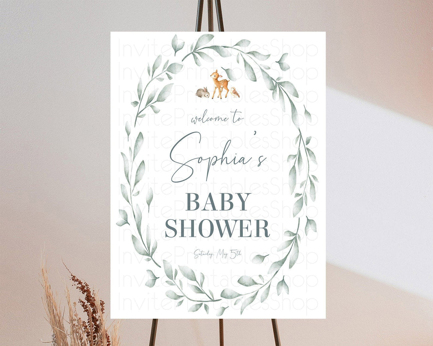 Fawn Baby Shower Welcome Sign Deer Welcome Board Floral Deer Welcome Poster Enchanted Forest Butterfly Pastel Floral Welcome Sign D10872