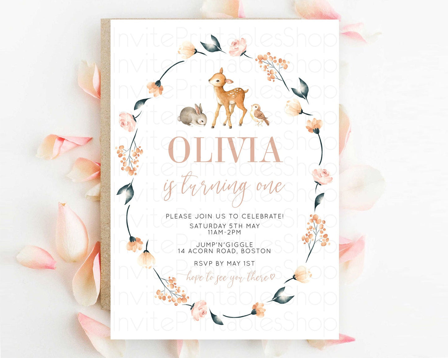 Fawn Birthday Invitation Deer Birthday Invitation Enchanted Forest Party Butterfly Pastel Flowers Whimsical 2nd 1st First Birthday D10241