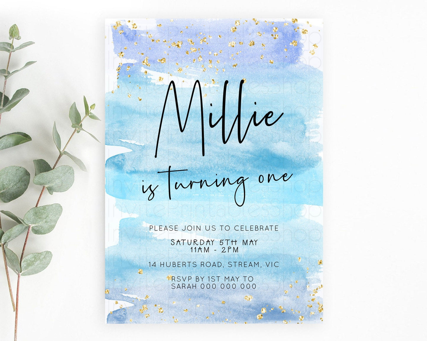 Blue Birthday Invitation Blue Watercolor Invitation Pastel Blue Watercolor Invitation Blue Splash Gold Invitation 1st First Birthday D23046