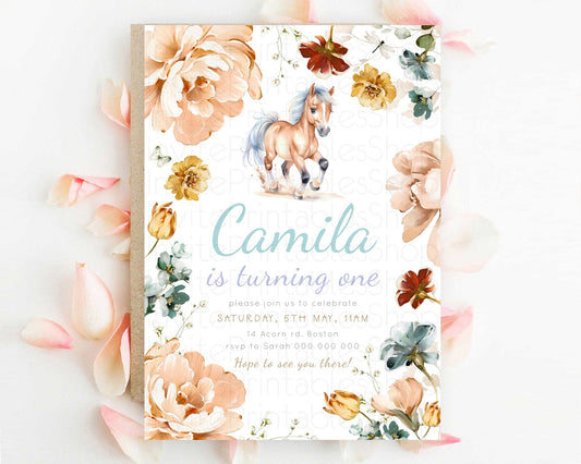 Editable Horse Birthday Invitation, Galloping Wildflower Fields, Pastel Flow