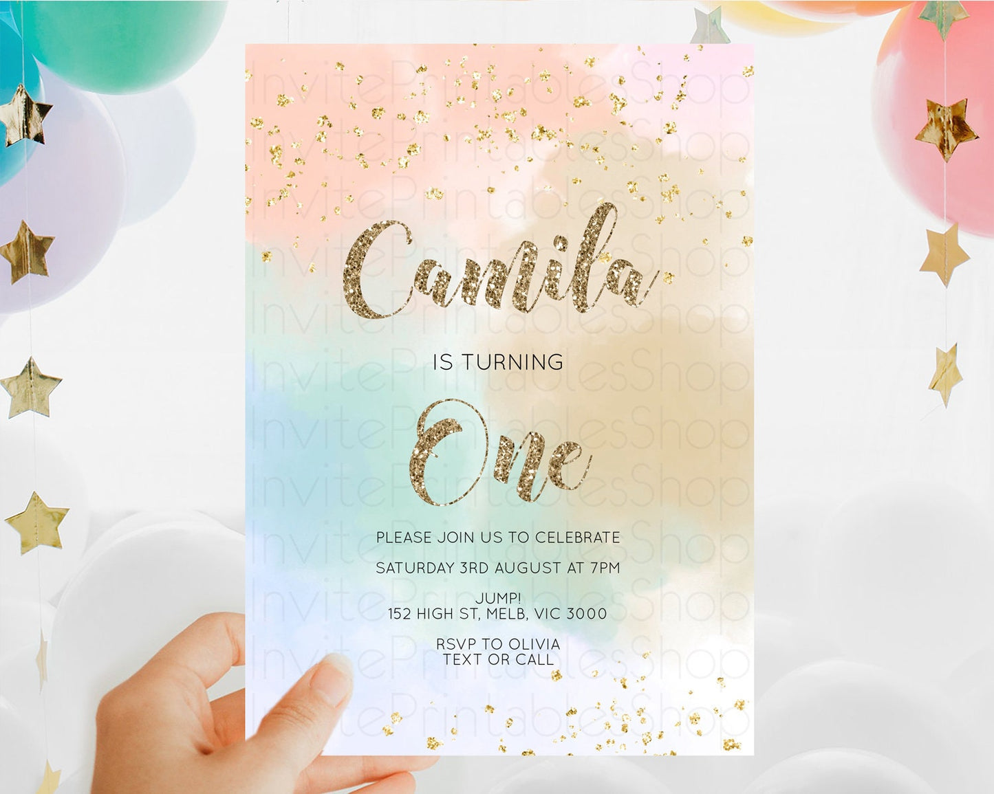 Rainbow Birthday Invitation Colorful Pastel Watercolor Invitation Gold Glitter Sprinkles Ombre Pastel 1st 2nd 3rd Birthday D10377