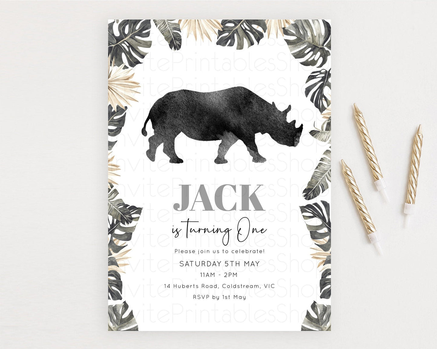 Rhino Birthday Invitation Rhino Invitation Rhino Birthday Rhino Safari Adventure Invite Rhino Palm Leaf Invite Zoo Party D10805