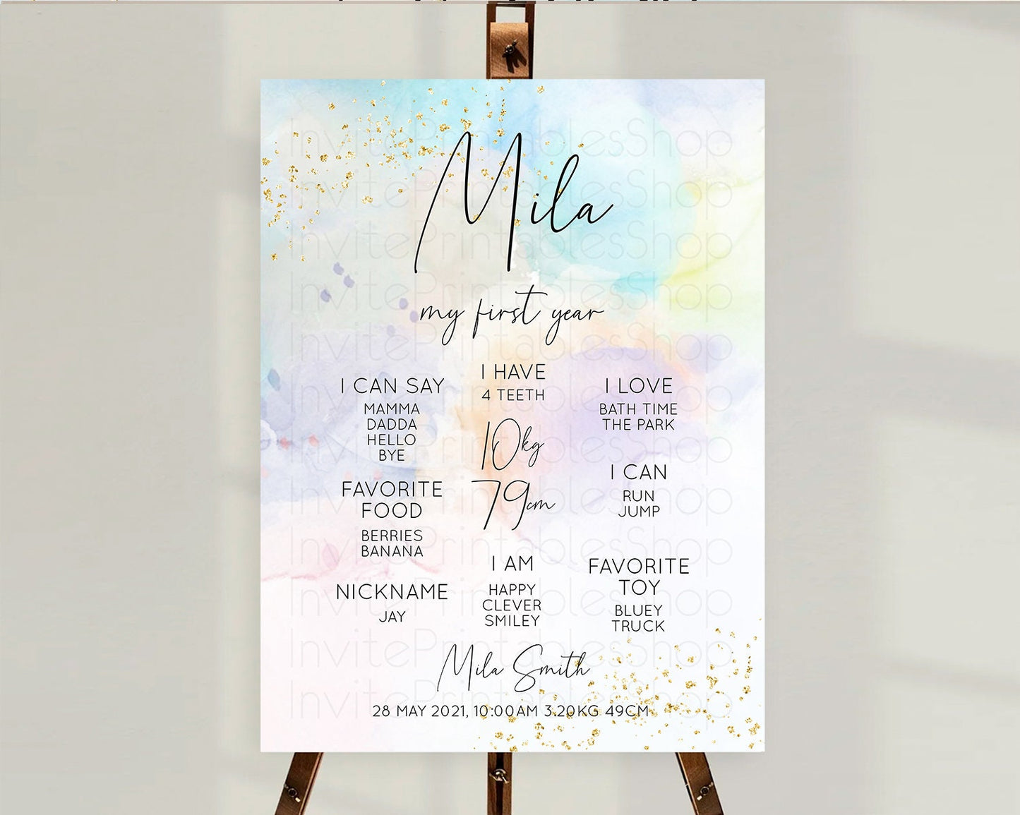 Pastel First Birthday Milestone Board Pastel Rainbow Milestone Poster Colorful Confetti Watercolor Glitter 1st Birthday Welcome Sign D10769