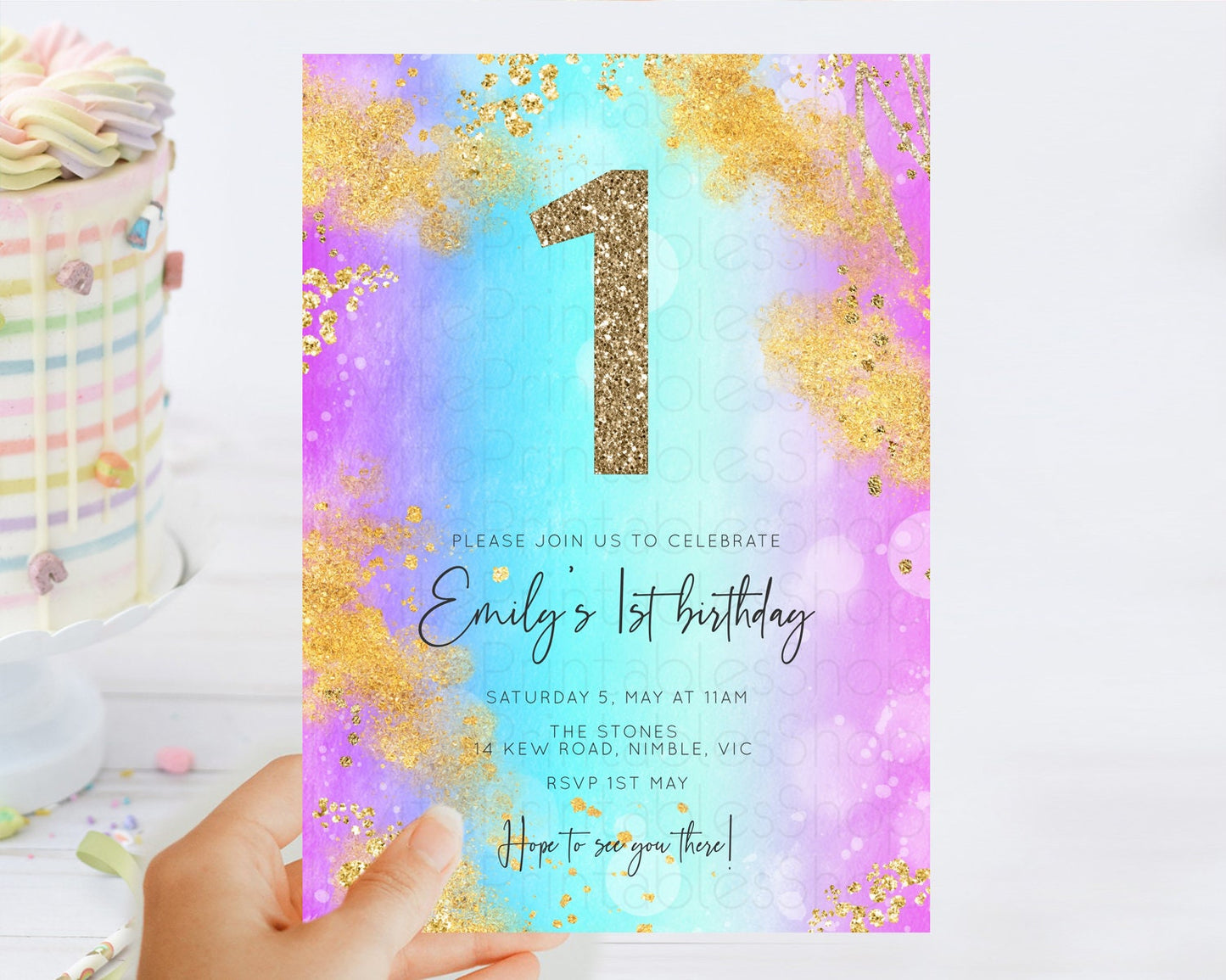 Rainbow Birthday Invitation Colorful Pastel Watercolor Invitation Gold Glitter Sprinkles Ombre Pastel 1st 2nd 3rd Birthday D10564