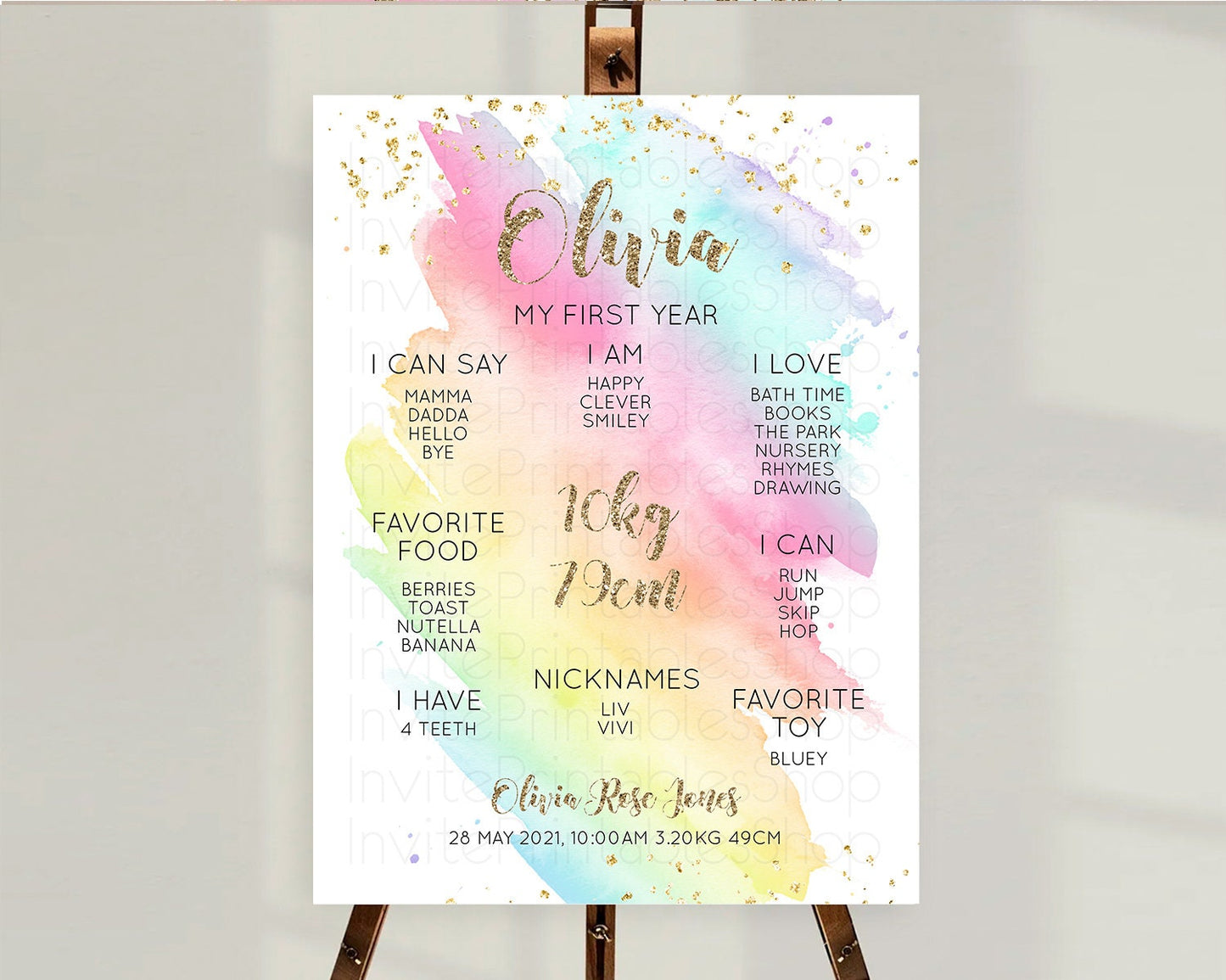 Pastel First Birthday Milestone Board Pastel Rainbow Milestone Poster Colorful Confetti Watercolor Glitter 1st Birthday Welcome Sign D10495