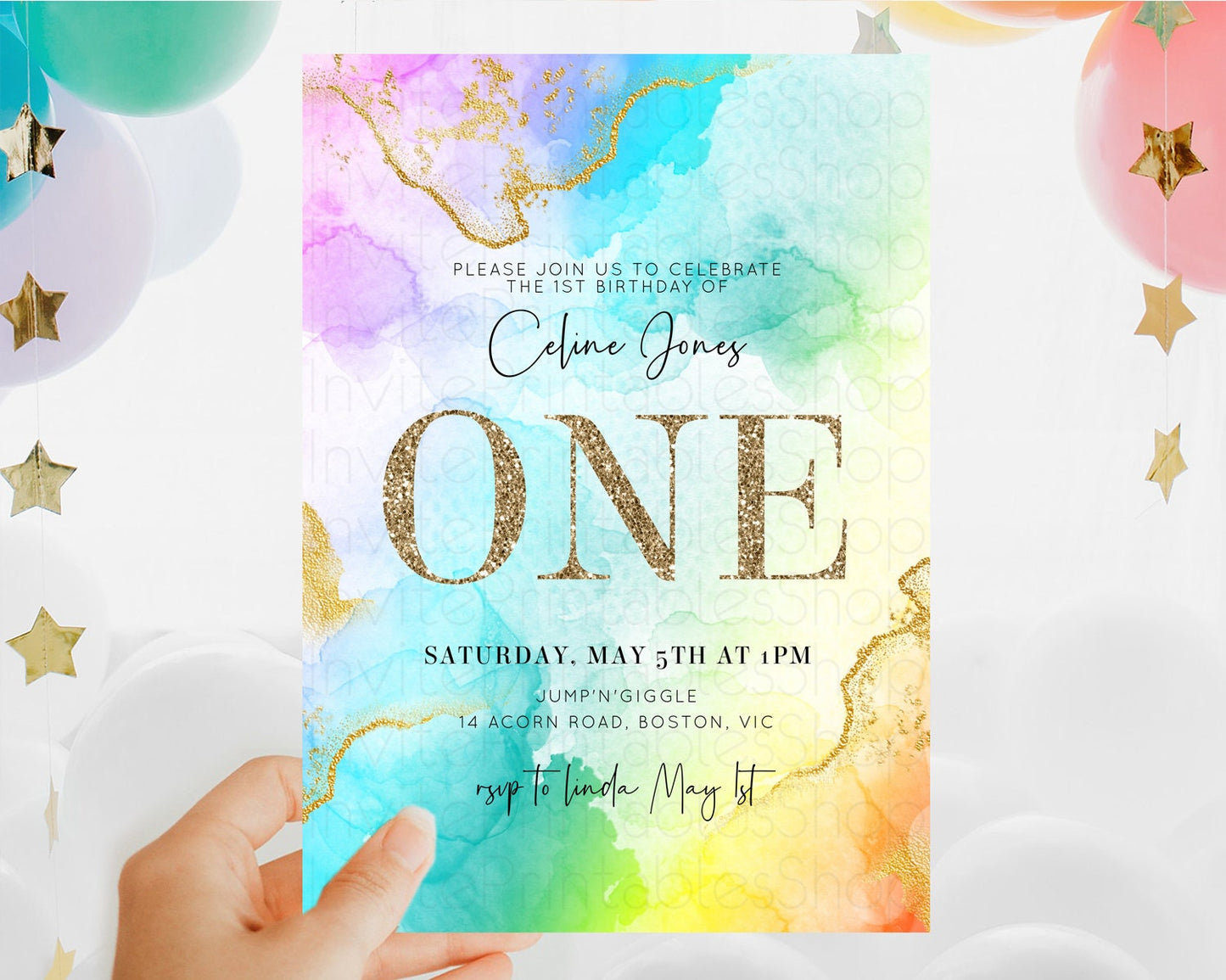 Rainbow Birthday Invitation Colorful Pastel Watercolor Invitation Gold Glitter Sprinkles Ombre Pastel 1st 2nd 3rd Birthday D10393