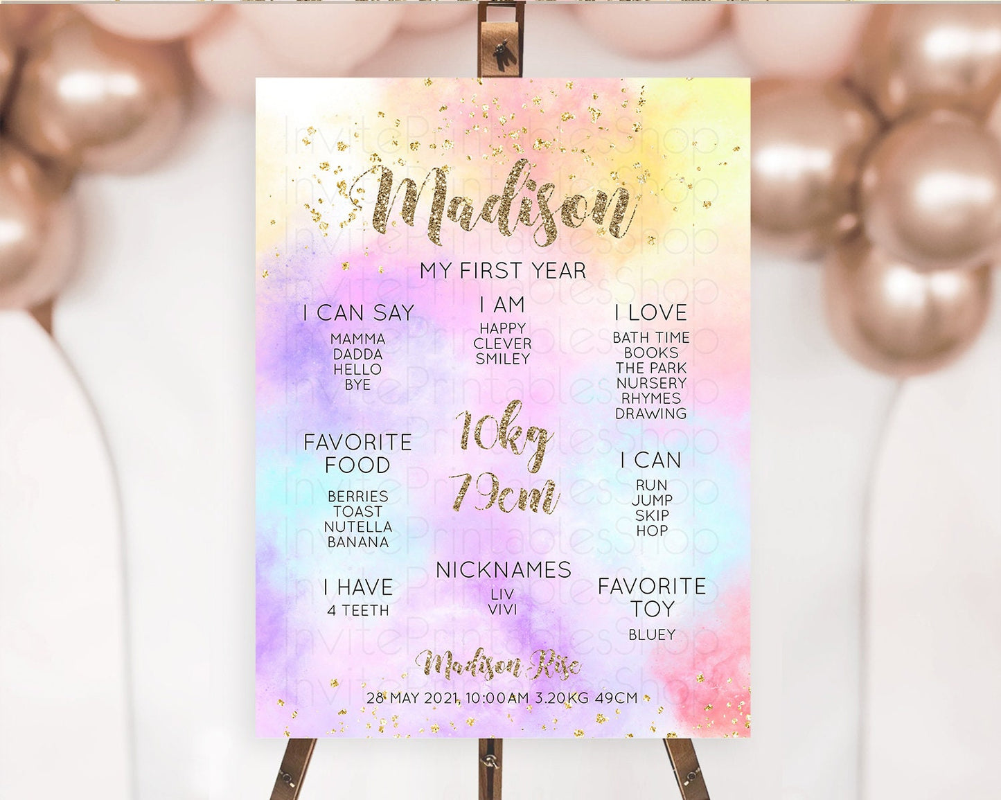 Pastel First Birthday Milestone Board Pastel Rainbow Milestone Poster Colorful Confetti Watercolor Glitter 1st Birthday Welcome Sign D10435