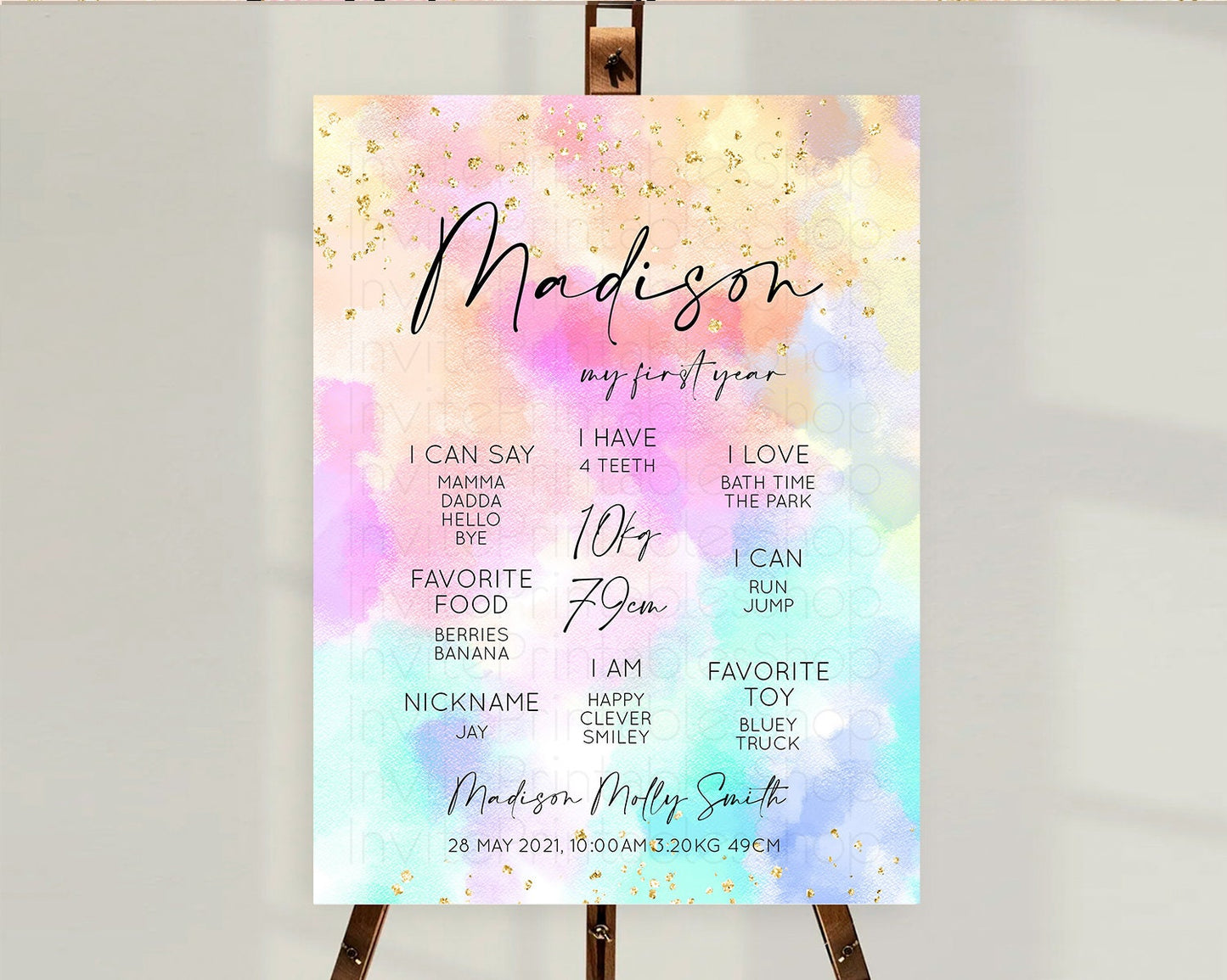 Pastel First Birthday Milestone Board Pastel Rainbow Milestone Poster Colorful Confetti Watercolor Glitter 1st Birthday Welcome Sign D10667