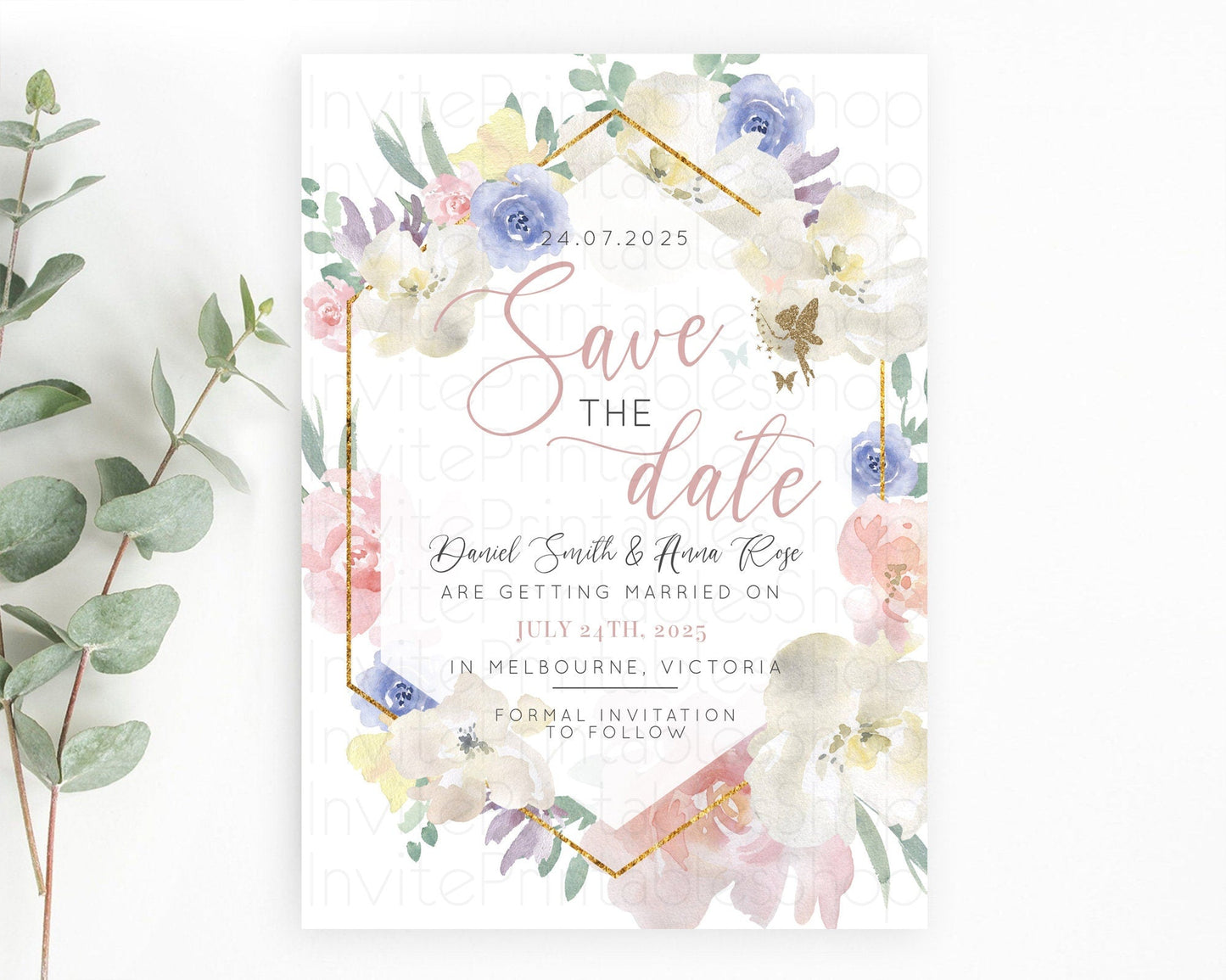 Fairy Save The Date Template Enchanted Garden Pastel Floral Butterfly Party Secret Garden Birthday Baptism Baby Shower Bridal Shower D10829