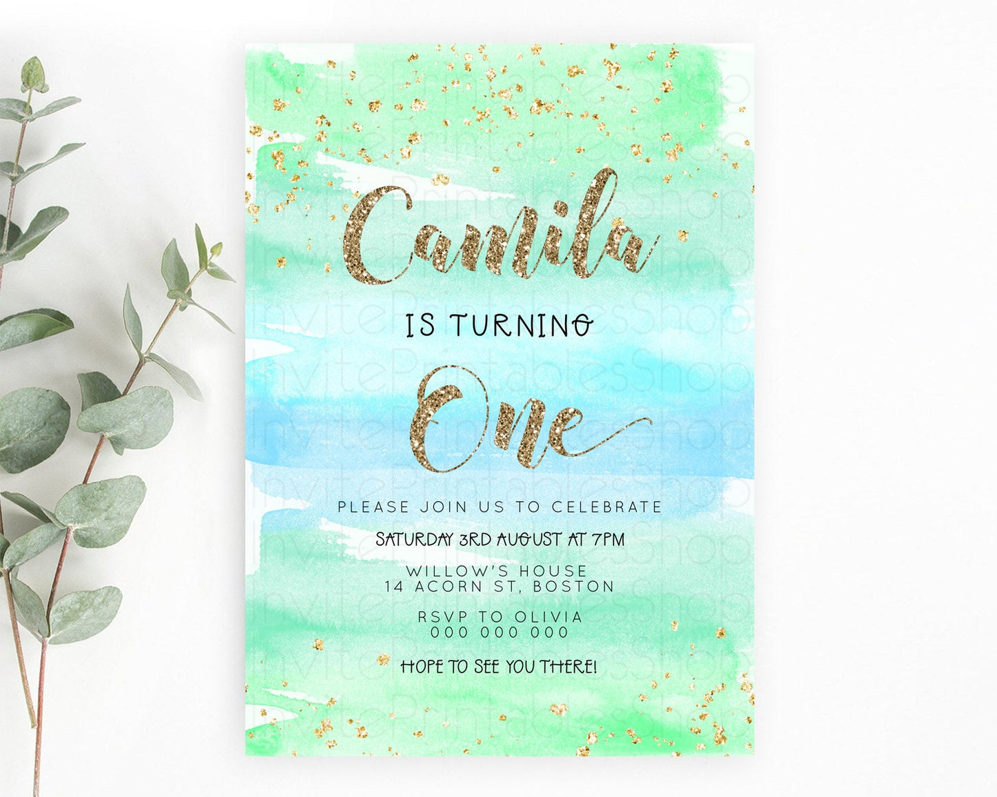 Green Birthday Invitation green Watercolor Invitation Pastel green Watercolor Invitation green Splash Gold Invitation First Birthday D23276