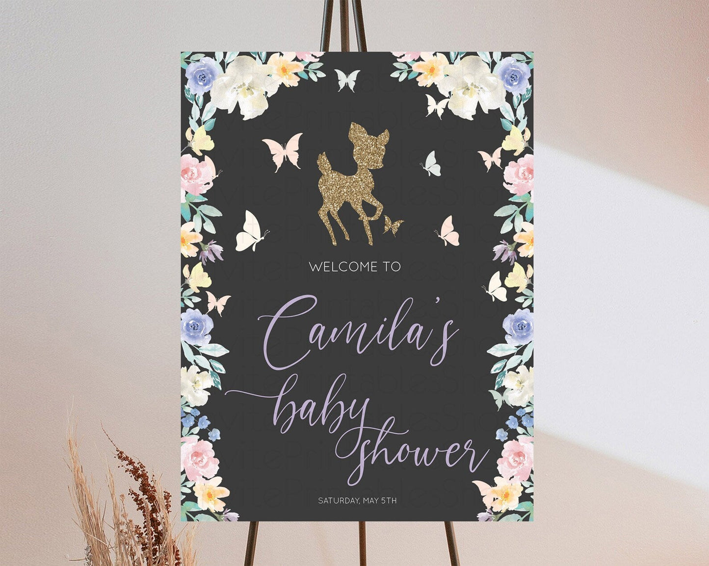 Fawn Baby Shower Welcome Sign Deer Welcome Board Floral Deer Welcome Poster Enchanted Forest Butterfly Pastel Floral Welcome Sign D10323