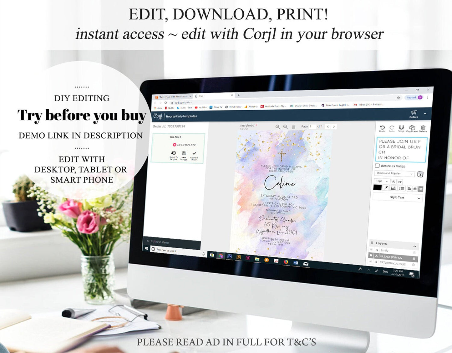 Rainbow Baptism invitation Pastel Rainbow Christening Invite Ombre Watercolor Invite Gold Glitter Sprinkle Splash Cross Religious t576