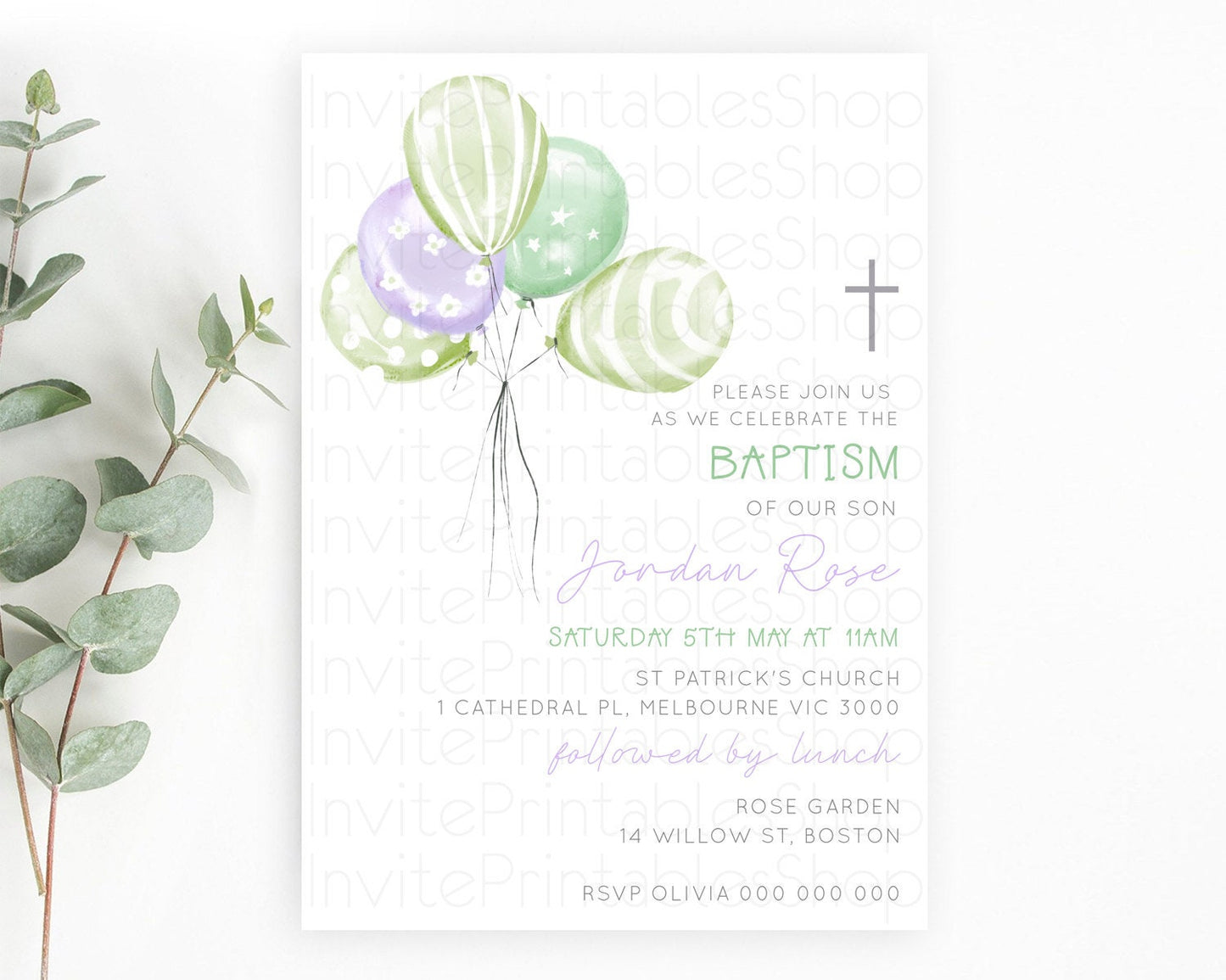 Balloon Baptism Invitation Pastel Baptism 1st Birthday Invitation Pastel Balloon Christening Invite Colorful Rainbow Balloon Invites D22998