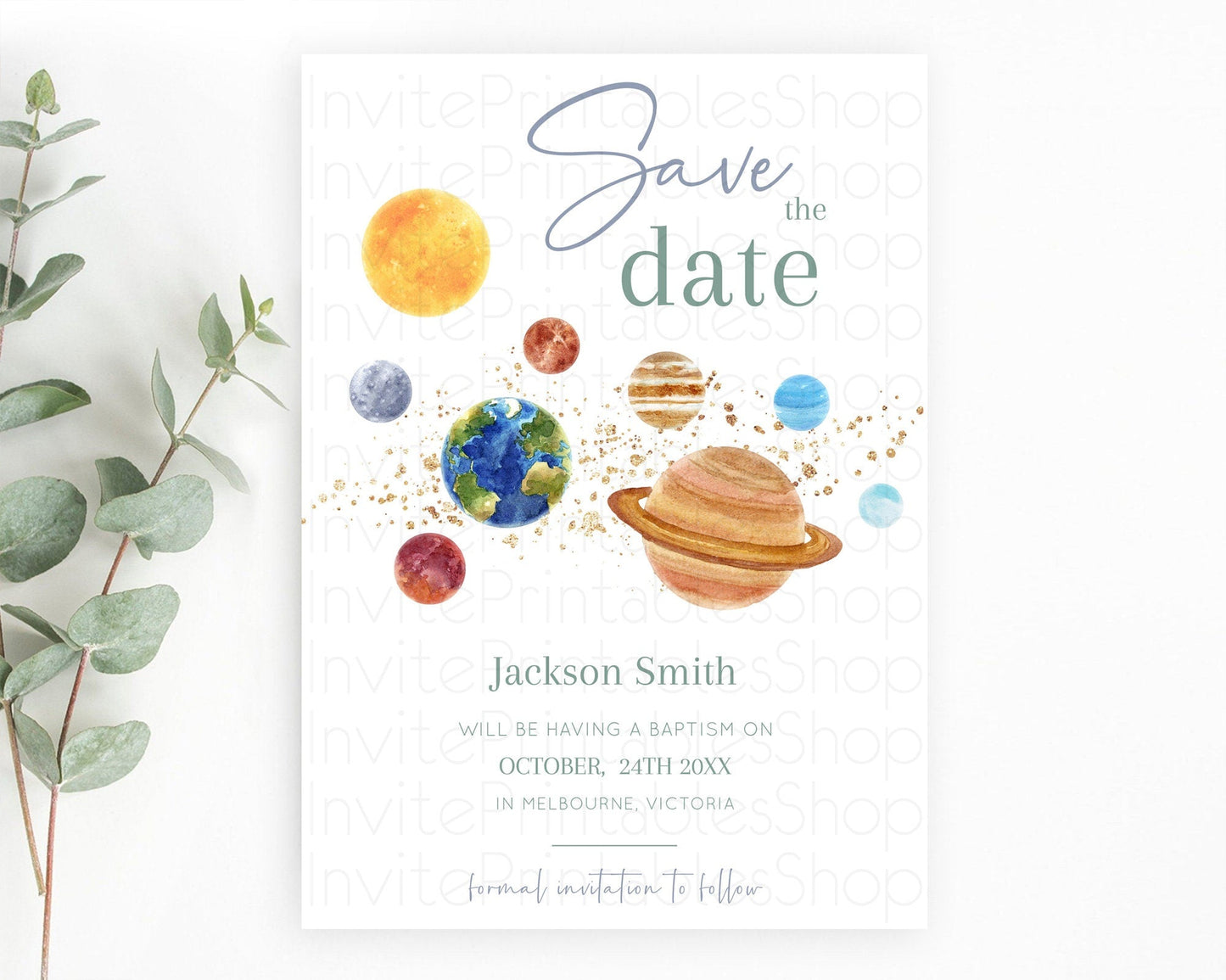 Space Save The Date Template Space Adventure Party First Trip Around the Sun Planets Solar System 1st Birthday Baptism Baby Shower D10598