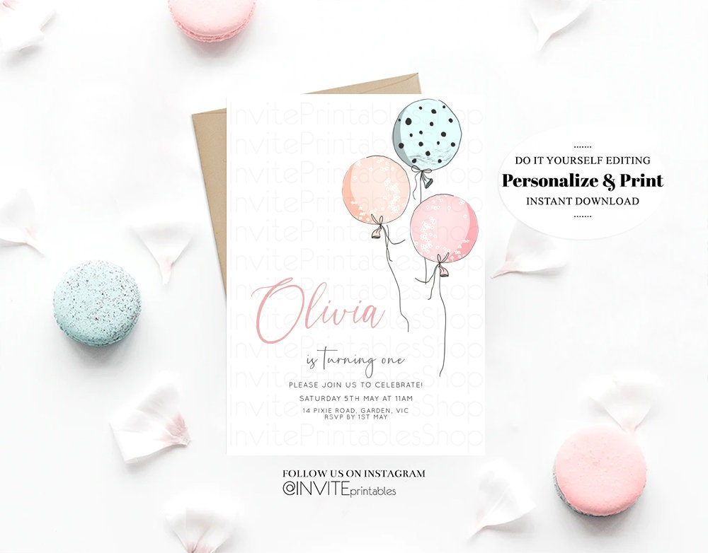 Balloon Birthday Invitation Colorful Invite Rainbow Pastel Watercolor Floating Balloons Invite Pink Blue White Editable Invite