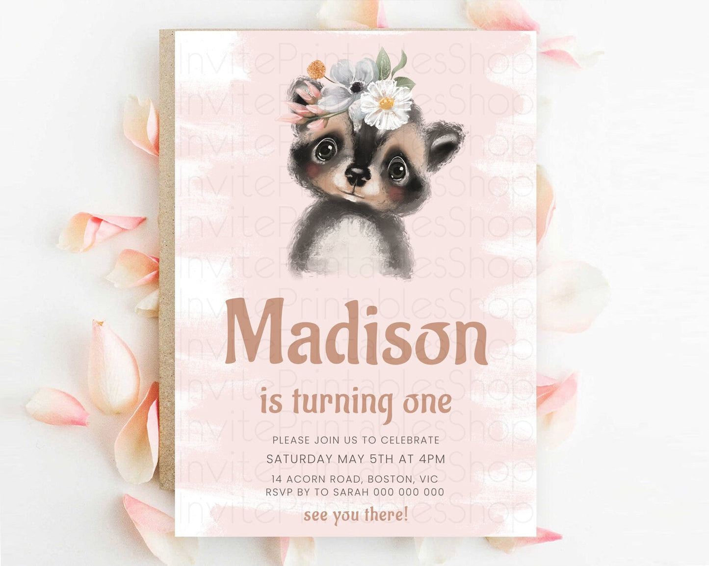 Raccoon Birthday Invitation, Enchanted Forest Adventure, Pink Woodland Theme, Baby Raccoon, 1st Birthday D10653