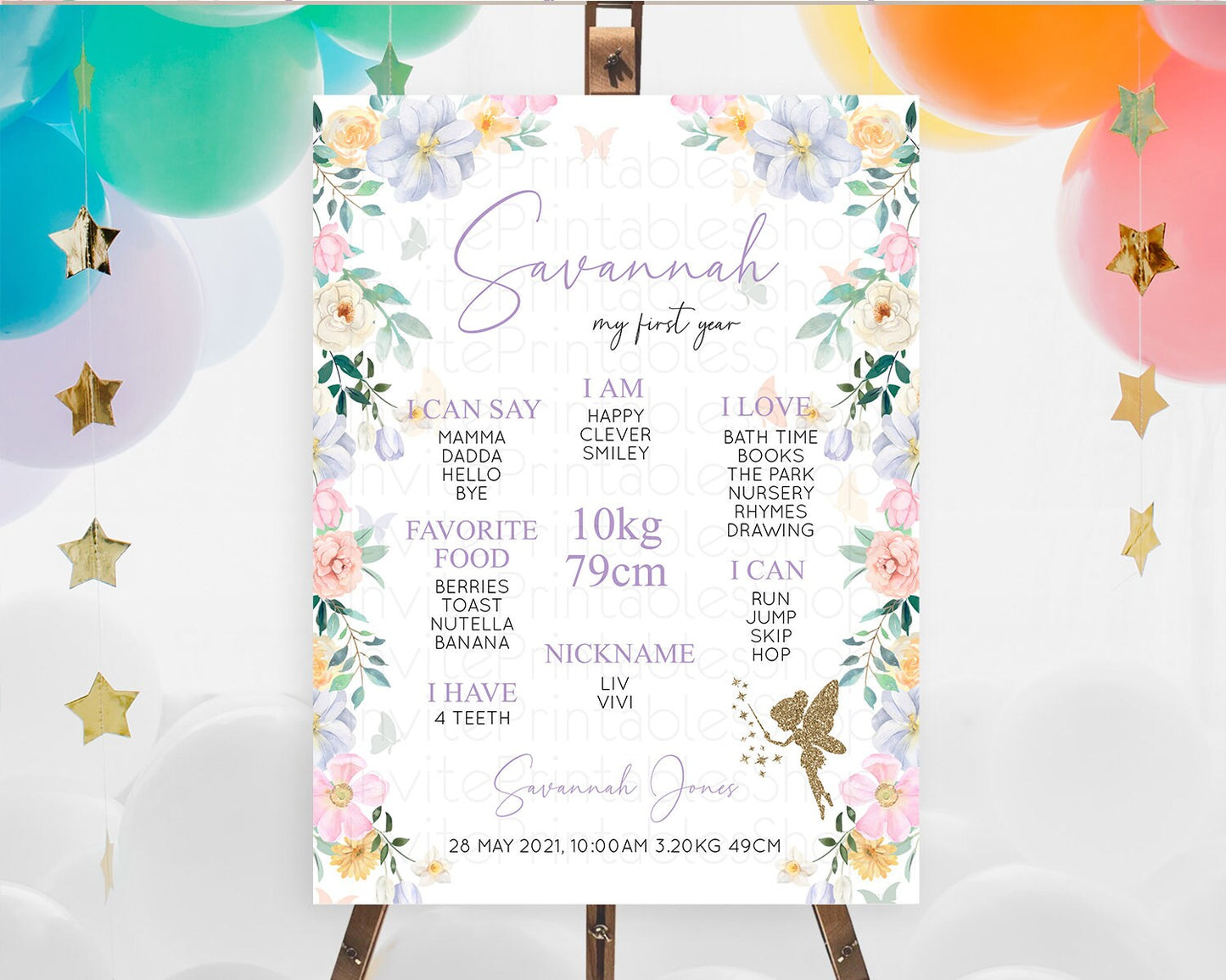 Fairy First Birthday Milestone Poster Fairy Secret Garden Milestone Board Enchanted Garden Pastel Floral Butterfly 1st Birthday Sign D10474