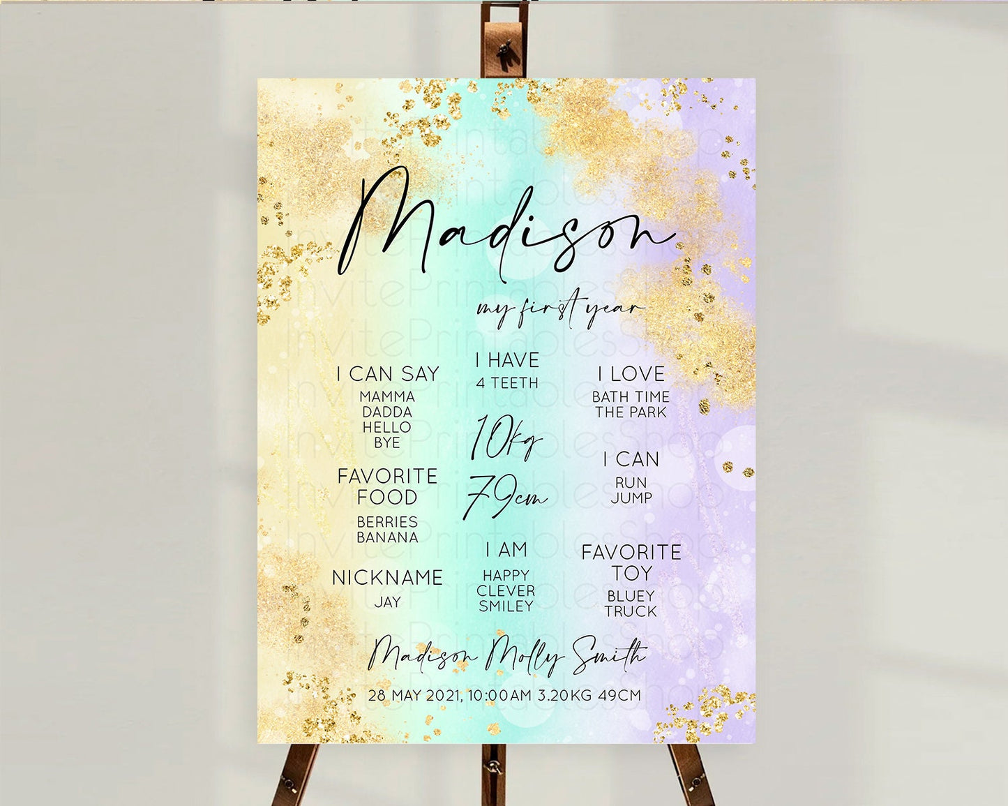 Pastel First Birthday Milestone Board Pastel Rainbow Milestone Poster Colorful Confetti Watercolor Glitter 1st Birthday Welcome Sign D10672