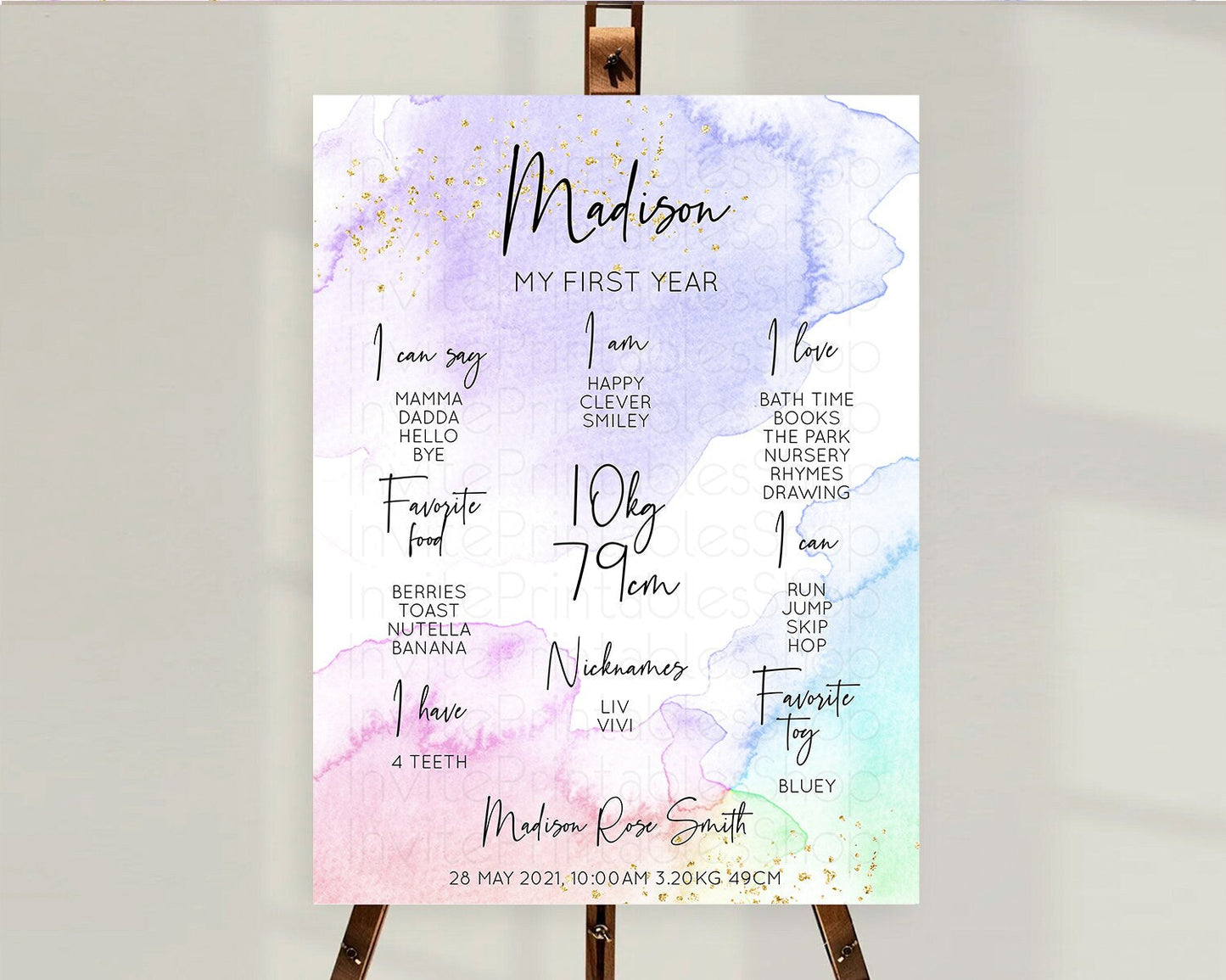 Pastel First Birthday Milestone Board Pastel Rainbow Milestone Poster Colorful Confetti Watercolor Glitter 1st Birthday Welcome Sign D10215