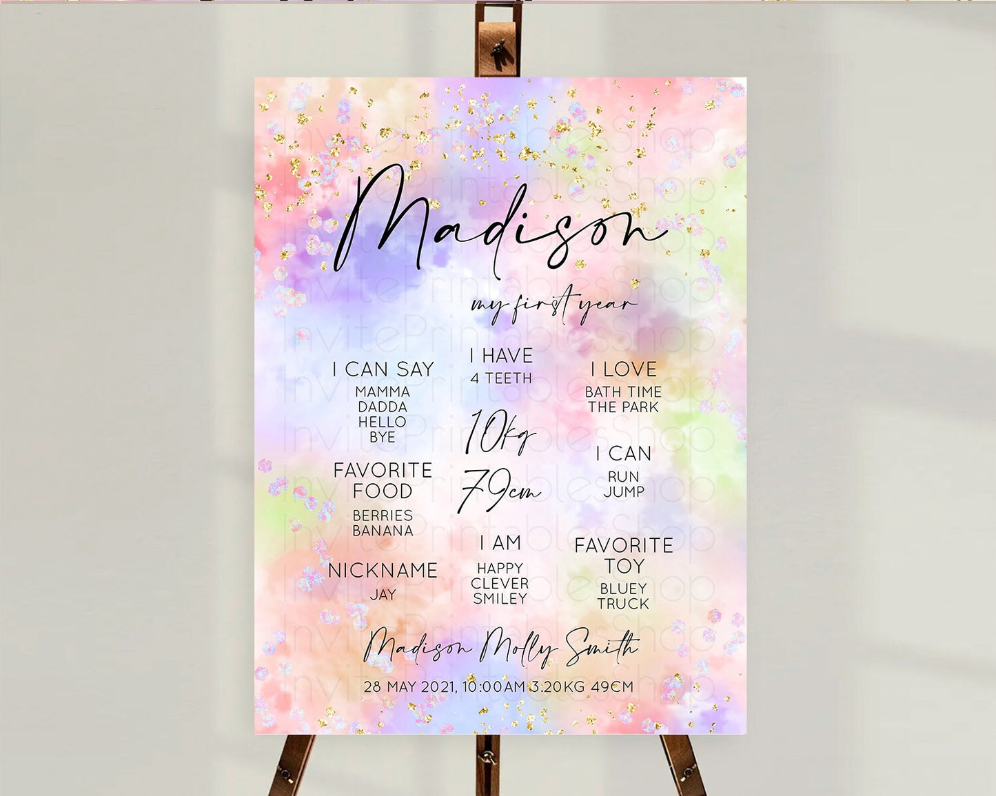 Pastel First Birthday Milestone Board Pastel Rainbow Milestone Poster Colorful Confetti Watercolor Glitter 1st Birthday Welcome Sign D10610