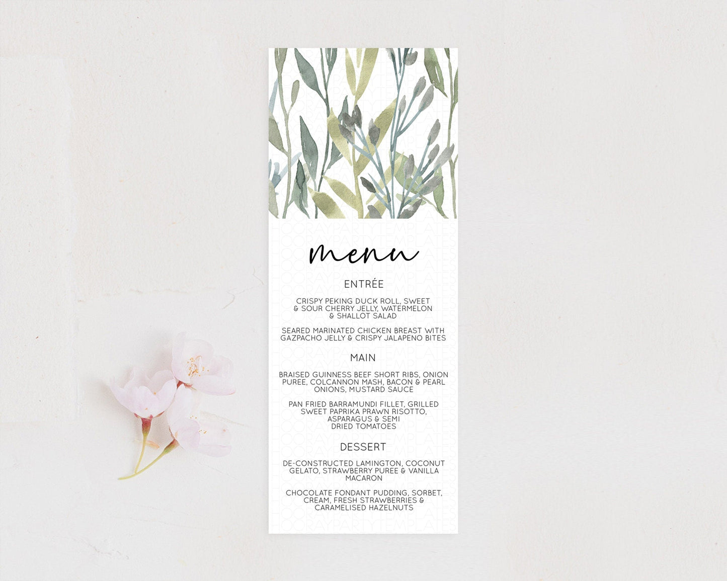 Leafy Menu Green Leaf Menu Template Eucalyptus Fern Leaves Decor Watercolor Boho Garden Leaf Branch Dinner Dessert Party Food Menu D11060