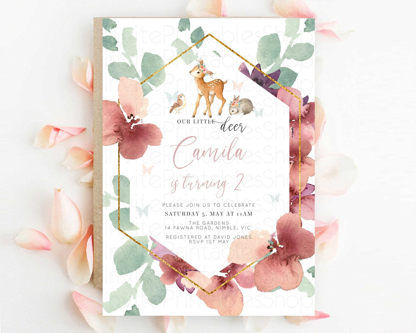 Fawn Birthday Invitation Deer Birthday Invitation Enchanted Forest Party Butterfly Pastel Flowers Whimsical 2nd 1st First Birthday D10913