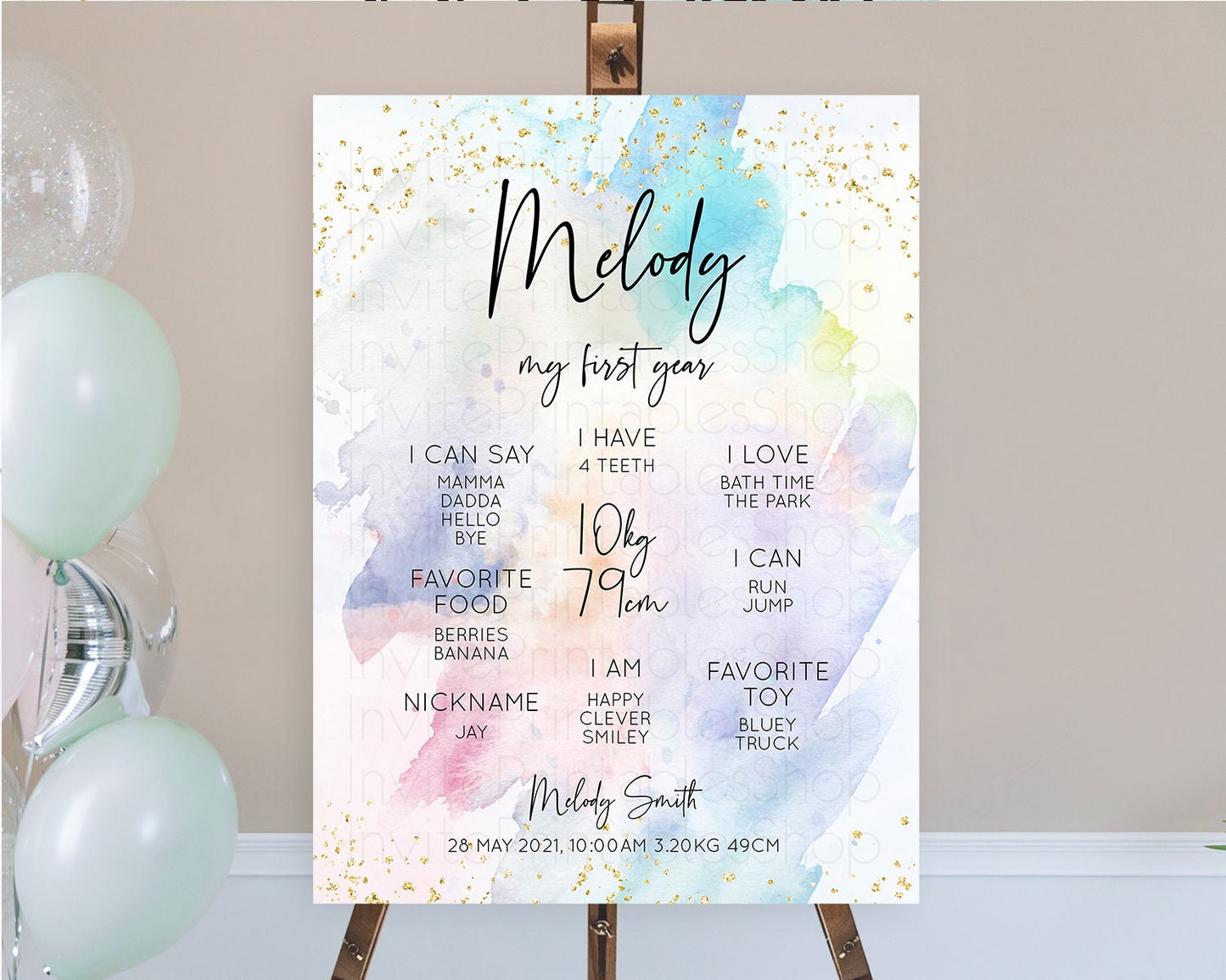 Pastel First Birthday Milestone Board Pastel Rainbow Milestone Poster Colorful Confetti Watercolor Glitter 1st Birthday Welcome Sign D10424