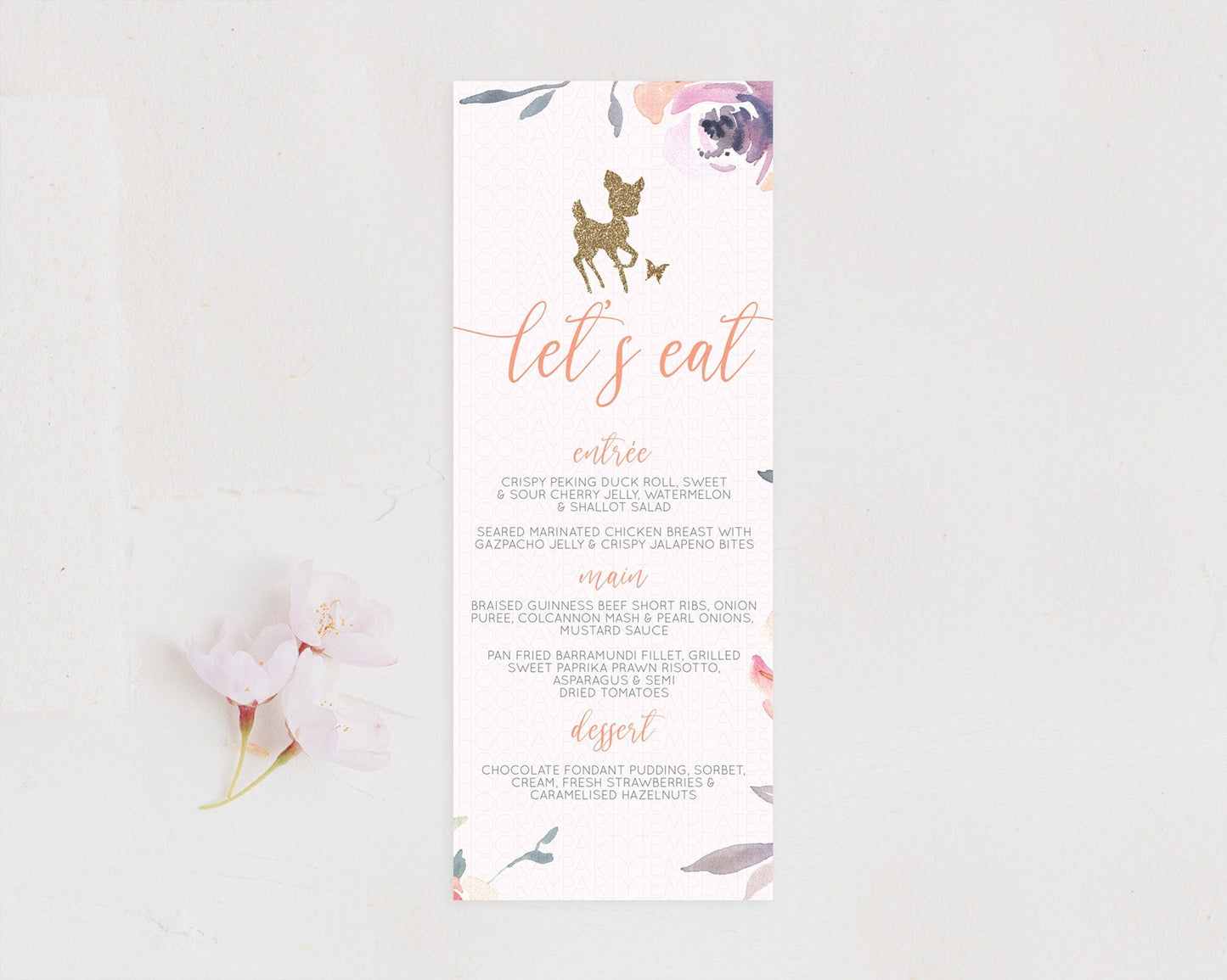 Fawn Menu Deer Menu Template Pastel Floral Deer Table Decor Enchanted Forest Butterfly Floral Dinner Dessert Menu Party Food Menu D10196