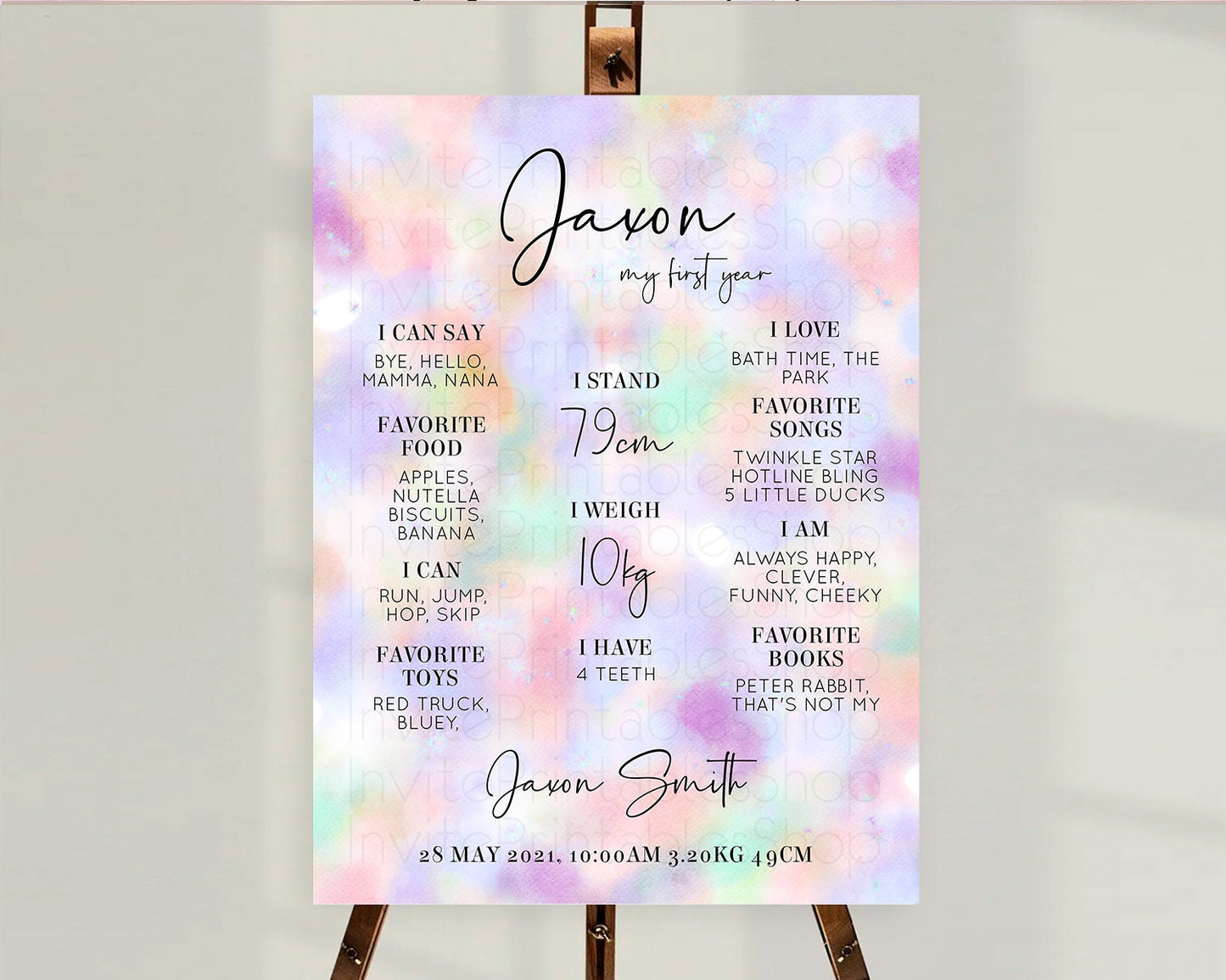 Pastel First Birthday Milestone Board Pastel Rainbow Milestone Poster Colorful Confetti Watercolor Glitter 1st Birthday Welcome Sign D10697