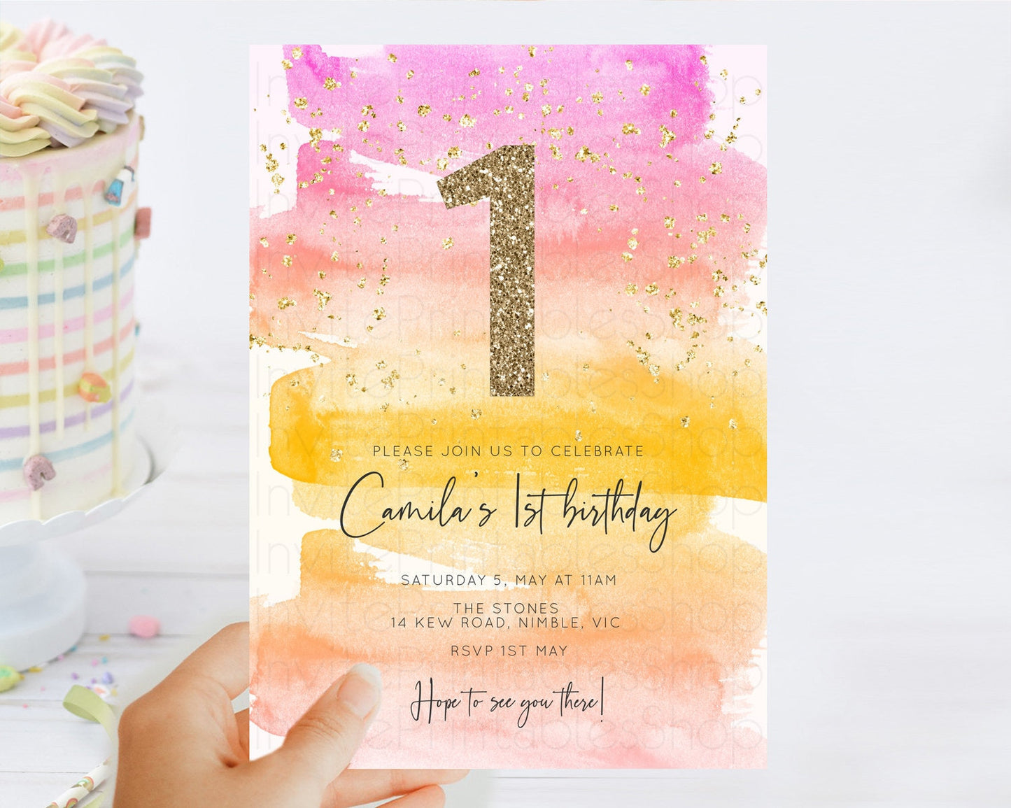 Rainbow Birthday Invitation Colorful Pastel Watercolor Invitation Gold Glitter Sprinkles Ombre Pastel 1st 2nd 3rd Birthday D10520