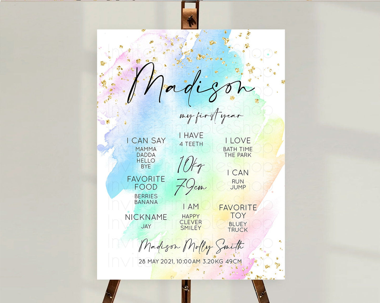 Pastel First Birthday Milestone Board Pastel Rainbow Milestone Poster Colorful Confetti Watercolor Glitter 1st Birthday Welcome Sign D10640