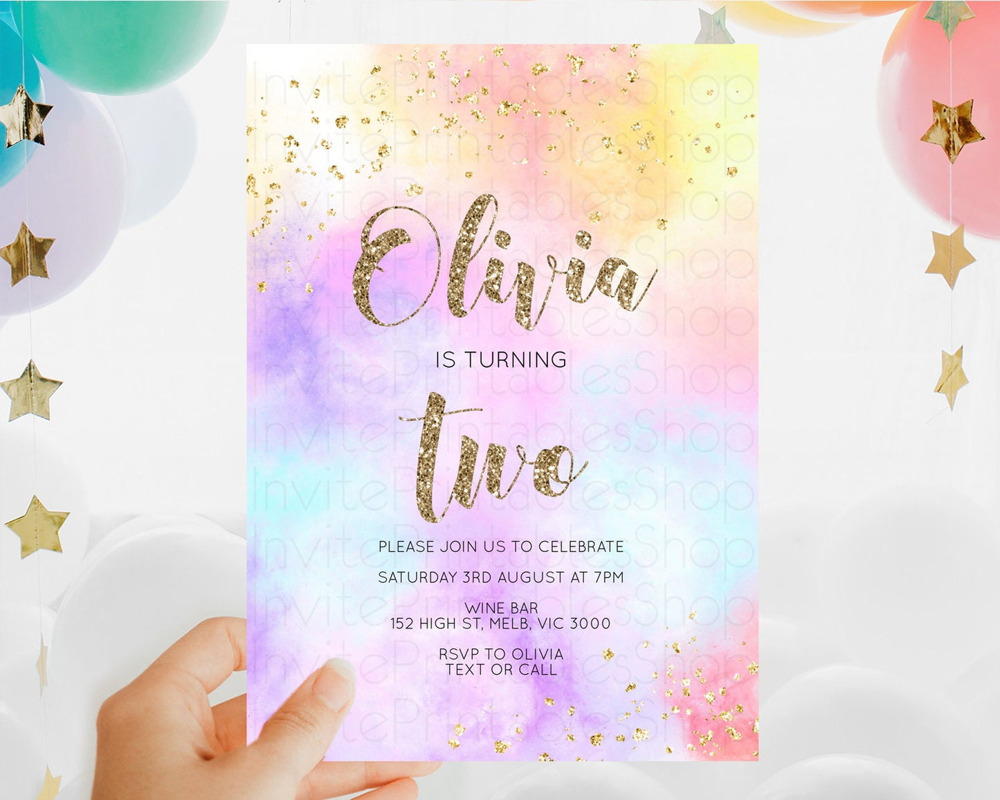 Rainbow Birthday Invitation Colorful Pastel Watercolor Invitation Gold Glitter Sprinkles Ombre Pastel 1st 2nd 3rd Birthday D10435