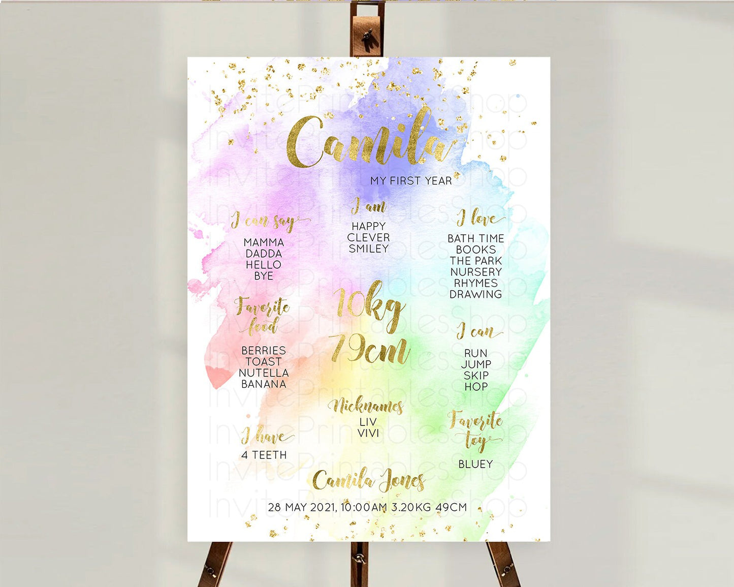 Pastel First Birthday Milestone Board Pastel Rainbow Milestone Poster Colorful Confetti Watercolor Glitter 1st Birthday Welcome Sign D10876
