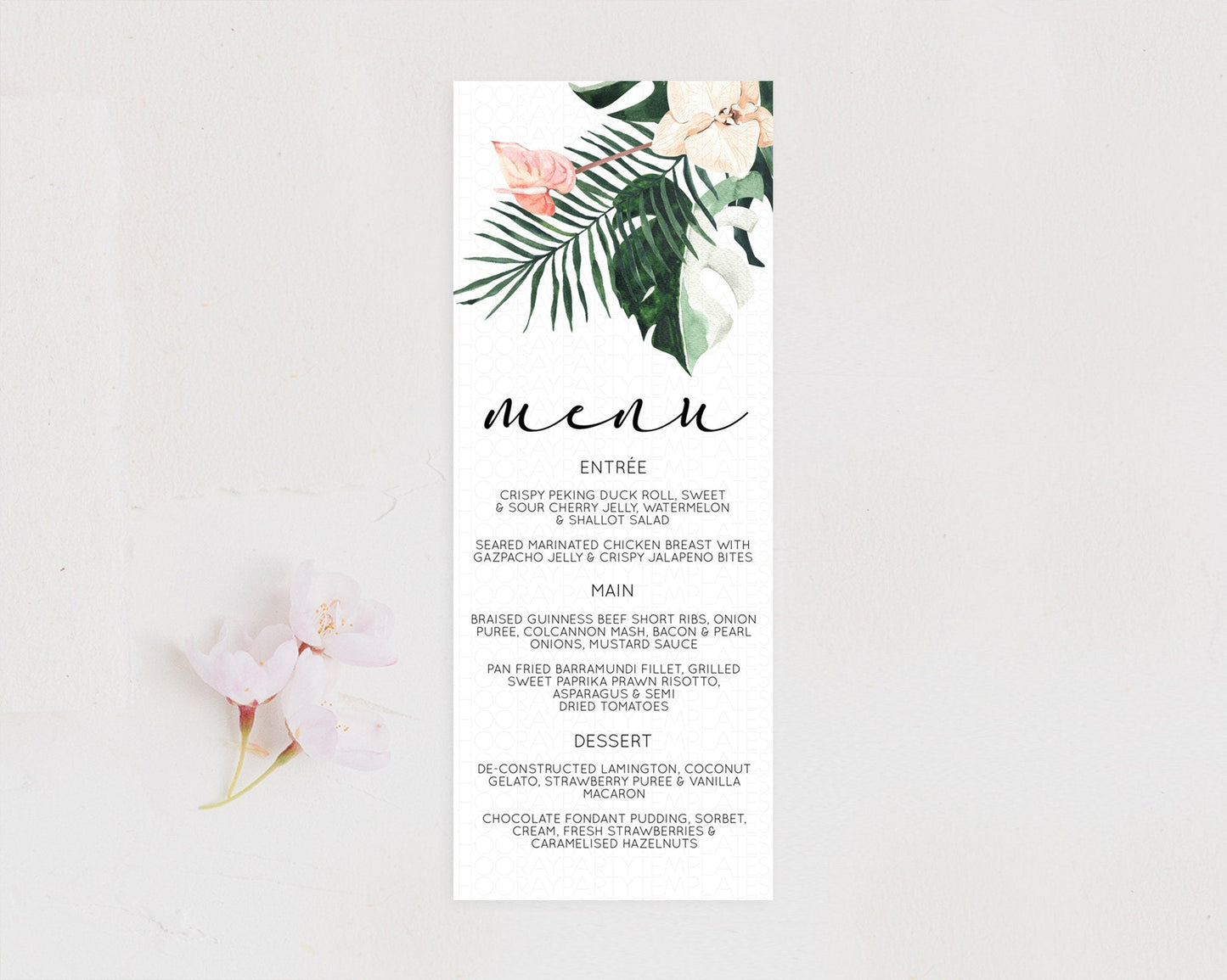 Tropical Menu Template Tropical Menu Palm Leaf Fern Table Decor Frangipani Floral White Orchid Dinner Dessert Menu Party Food Menu D11016