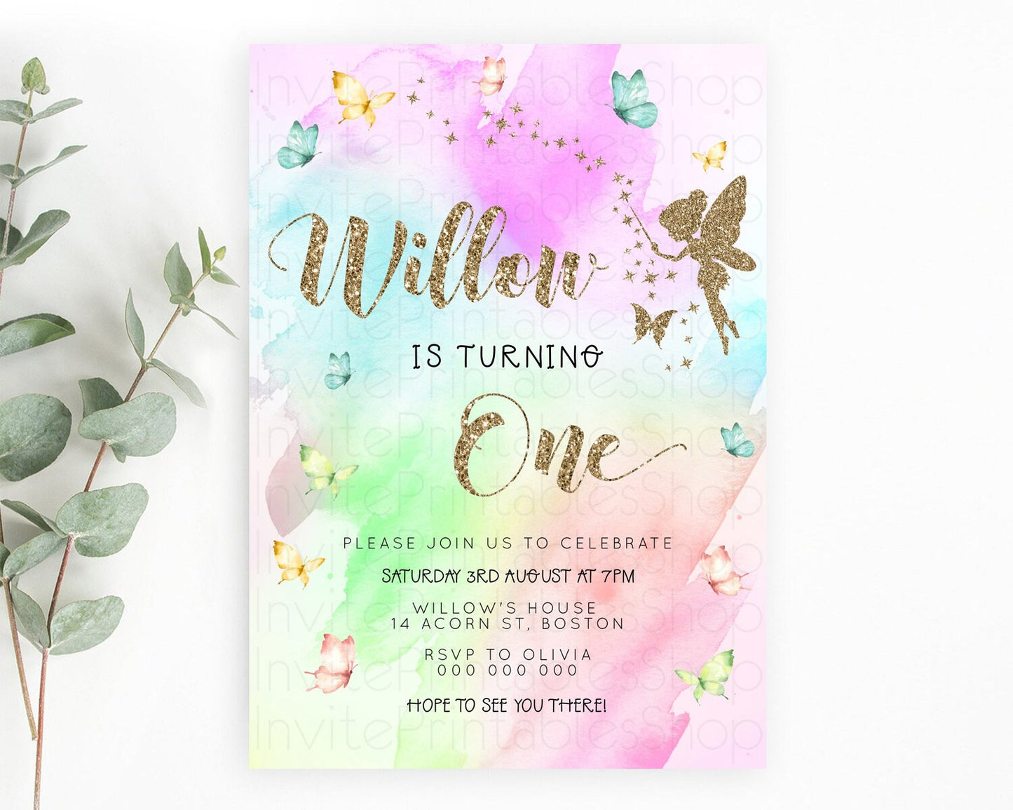 Pastel Fairy Birthday Invitation Pastel Butterflies Fairy Birthday Invitation Rainbow Ombre Watercolor 1st 2nd Birthday Invitation D23350