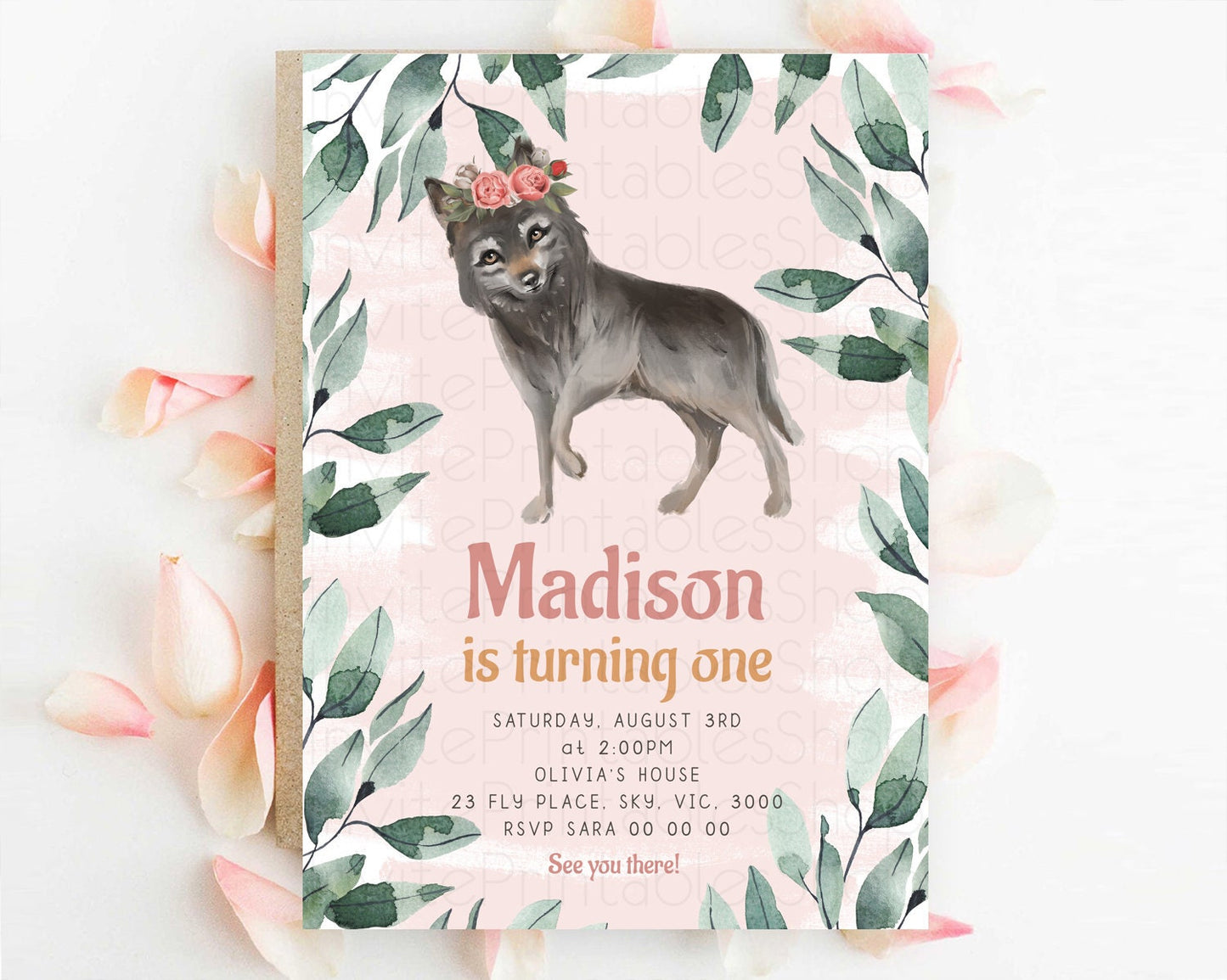Wolf Birthday Invitation Wolf Invitation Pastel Wolf Birthday Enchanted Forest Woods Wolf Floral Invitation Howling Birthday Party D10535