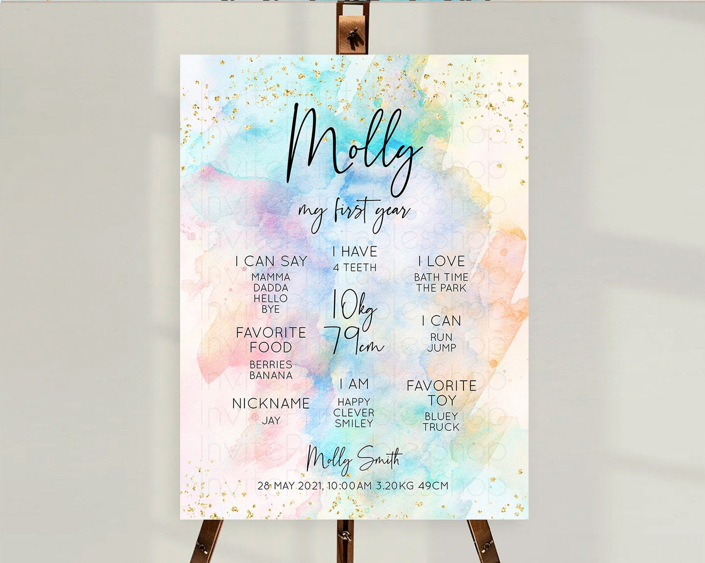 Pastel First Birthday Milestone Board Pastel Rainbow Milestone Poster Colorful Confetti Watercolor Glitter 1st Birthday Welcome Sign D10260