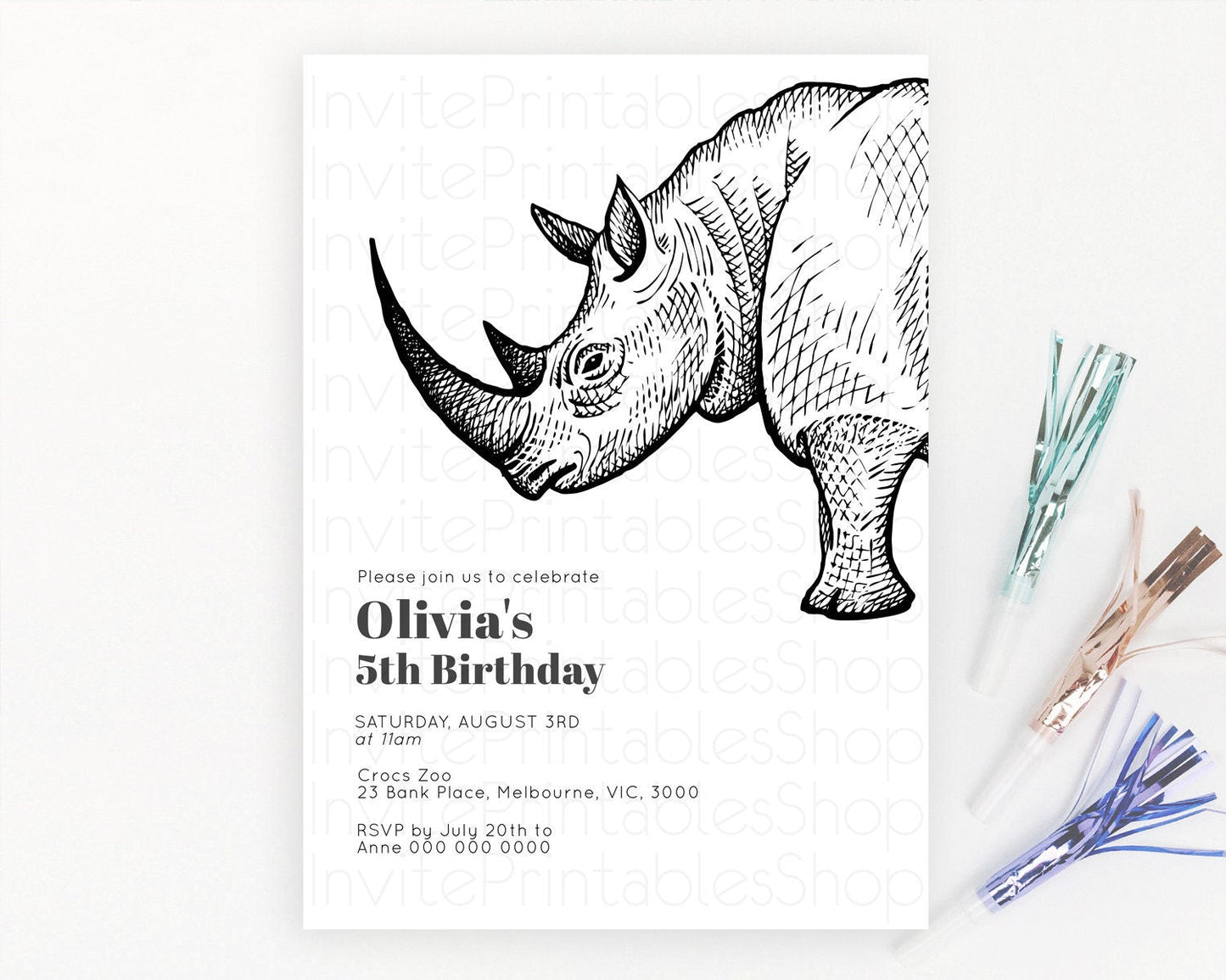 Rhino Birthday Invitation Rhino Invitation Rhino Birthday Rhino Safari Adventure Invite Rhino Palm Leaf Invite Zoo Party D10253