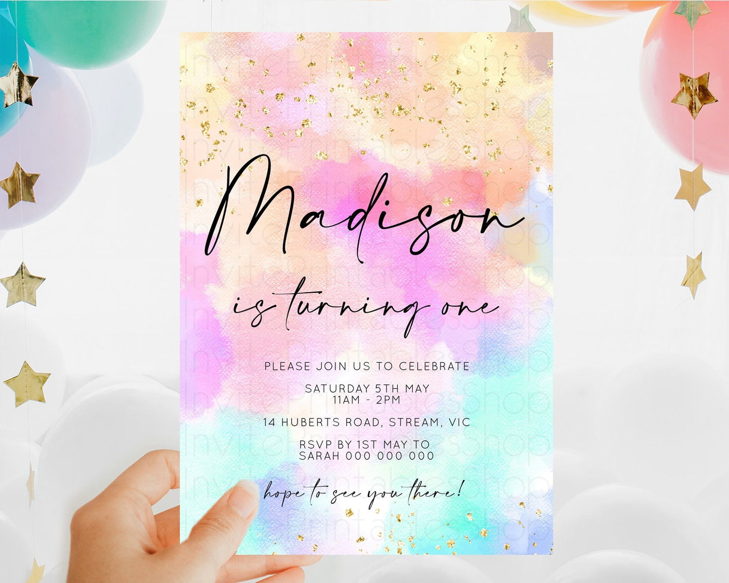 Rainbow Birthday Invitation Colorful Pastel Watercolor Invitation Gold Glitter Sprinkles Ombre Pastel 1st 2nd 3rd Birthday D10667
