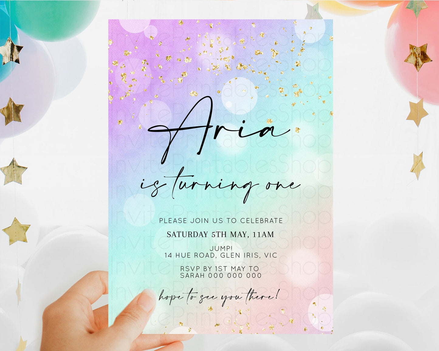 Rainbow Birthday Invitation Colorful Pastel Watercolor Invitation Gold Glitter Sprinkles Ombre Pastel 1st 2nd 3rd Birthday D10618