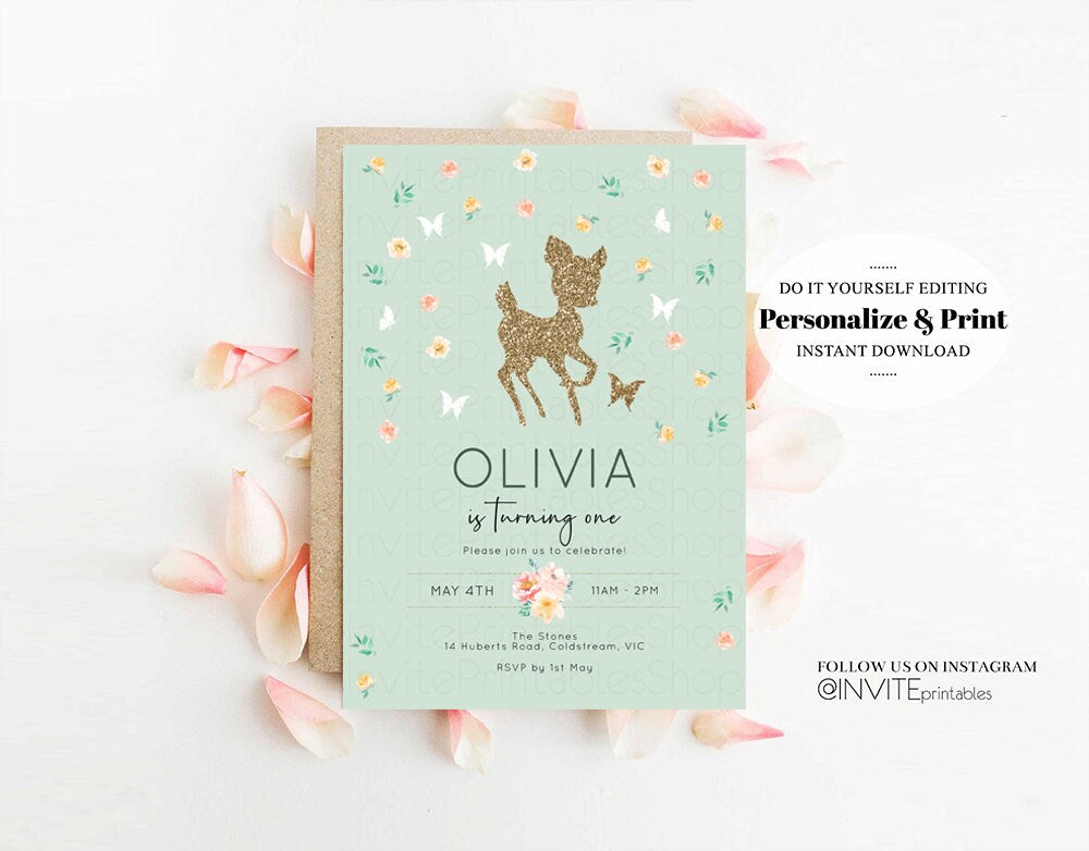 Deer Birthday Invite Deer Birthday Invite Deer Invite Green Fawn Party Invite Pastel Floral Invite Glitter Invite Garden Party Invite