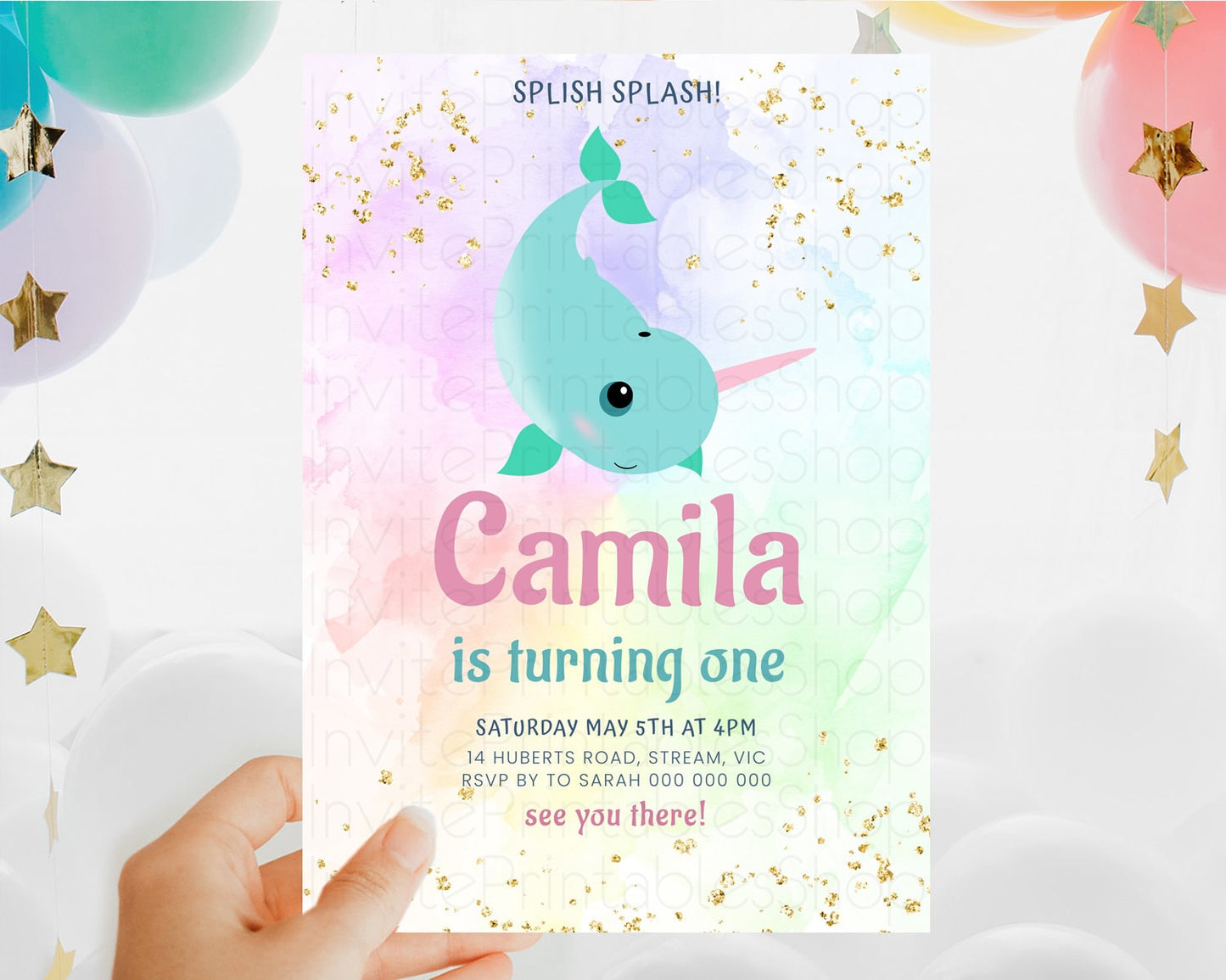 Narwhal Birthday Invitation Narwhal Unicorn Invitation Rainbow Sea Pastel Under Sea Unicorn Narwhal Party 3rd 2nd 1st First Birthday D10726
