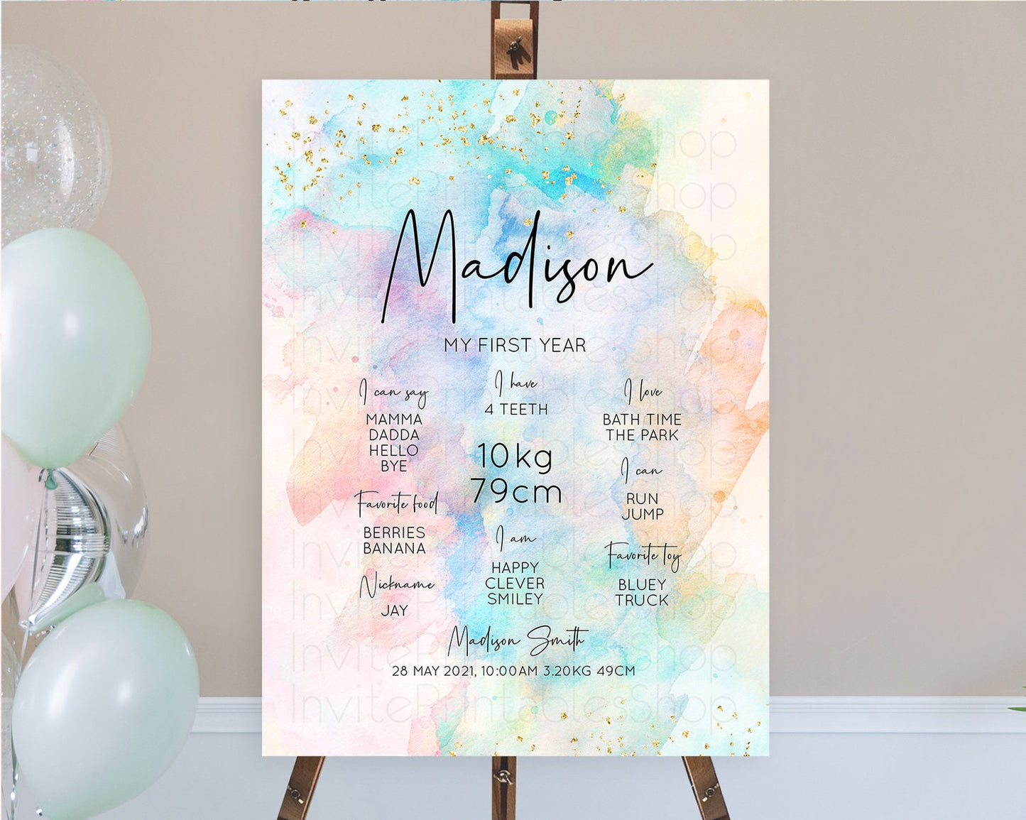 Pastel First Birthday Milestone Board Pastel Rainbow Milestone Poster Colorful Confetti Watercolor Glitter 1st Birthday Welcome Sign D10266