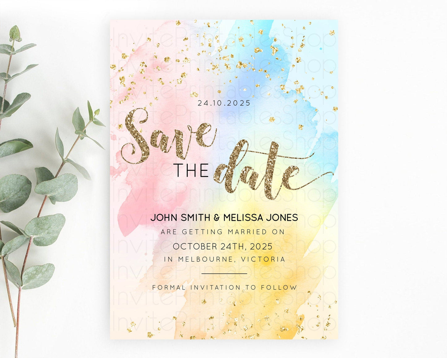 Pastel Save The Date Template Pastel Ombre Rainbow Watercolor Colorful Party For Birthday Baptism Baby Shower Wedding Bridal Shower D10556