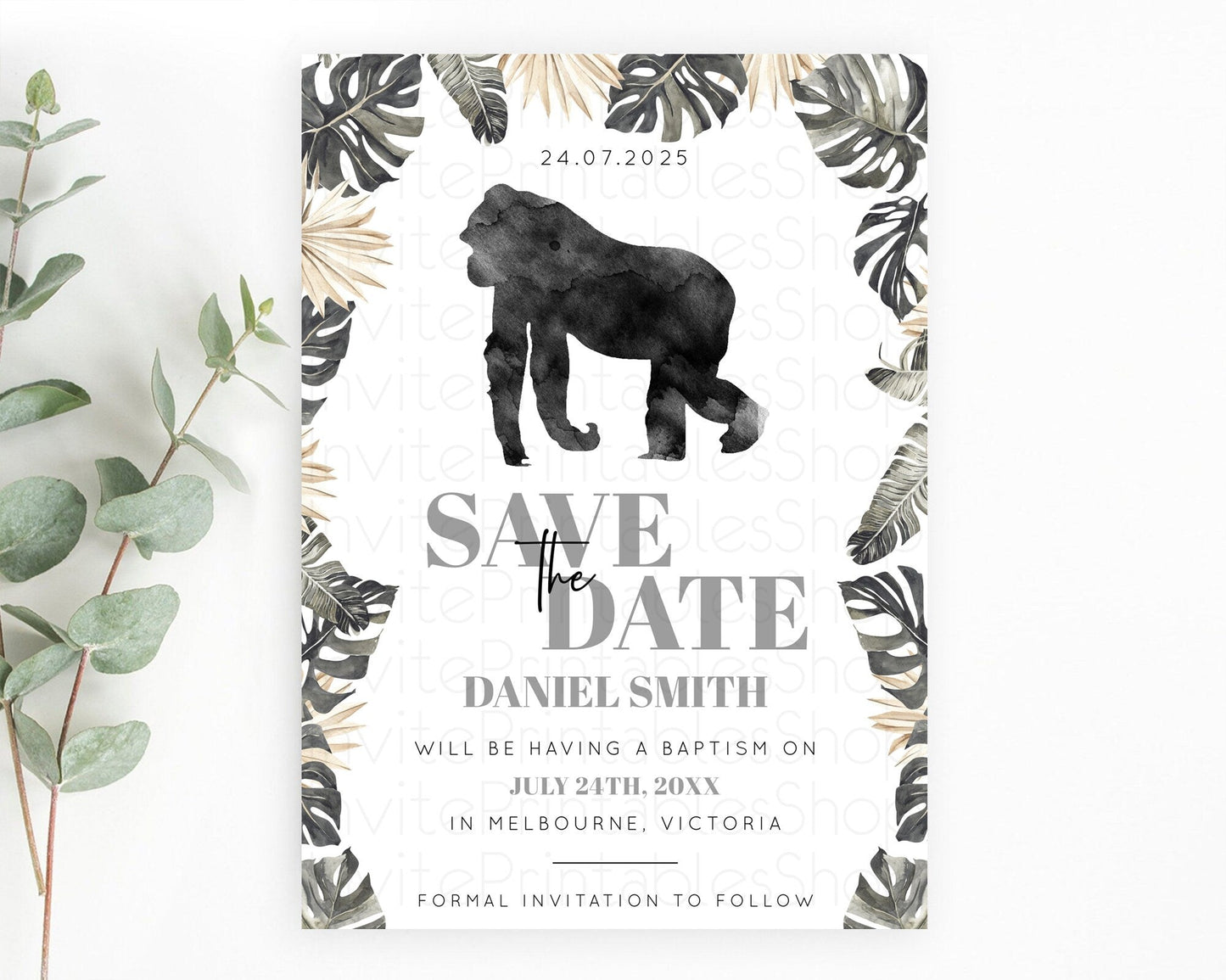 Gorilla Save The Date Template Gorilla Party Save The Date Safari Adventure Gorilla Minimal Theme 1st Birthday Baptism Baby Shower D10804