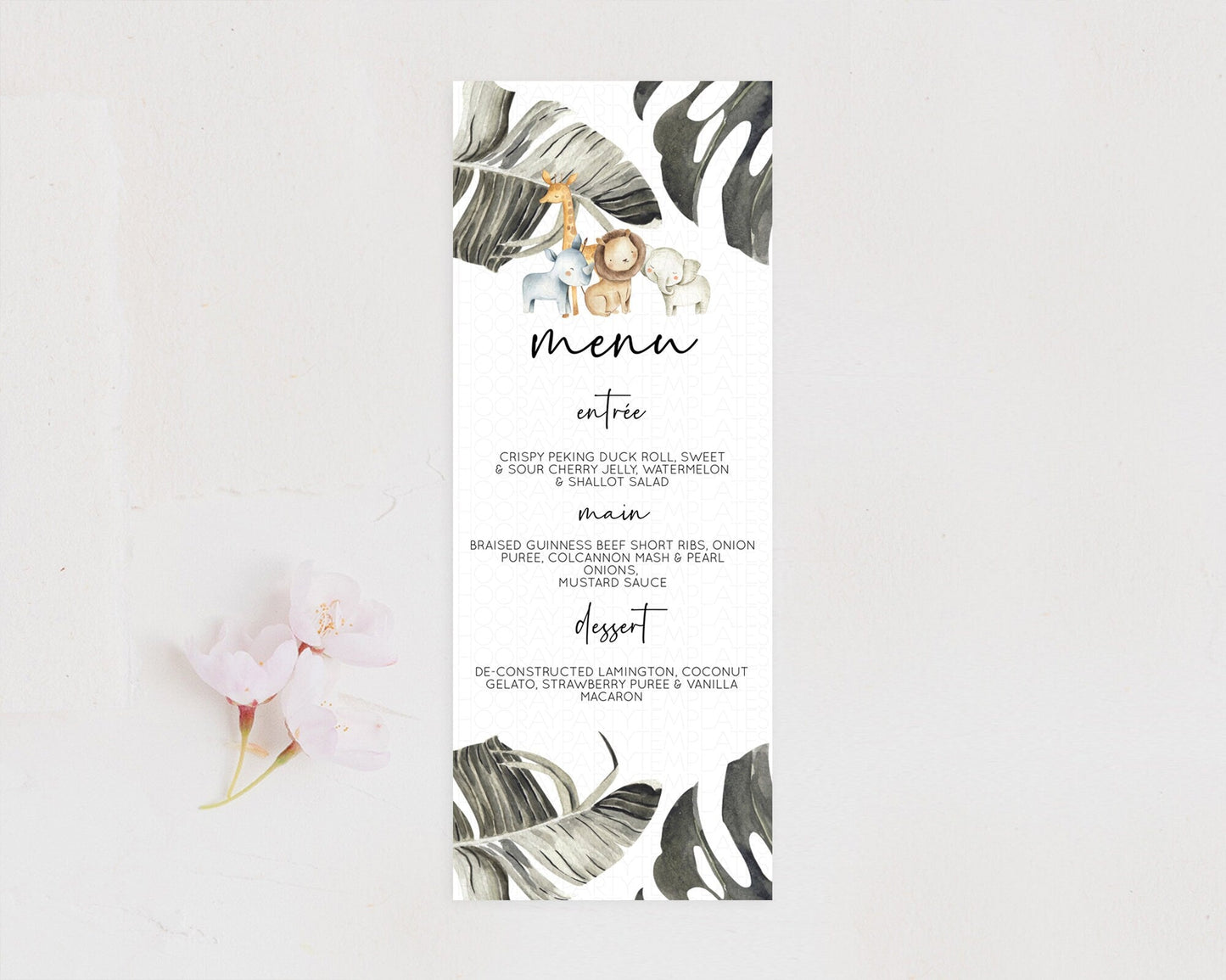 Safari Menu Safari Menu Template Lion Gorilla Elephant Rhino Tropical Palm Zoo Table Decor Safari Dinner Dessert Menu Food Menu D10599