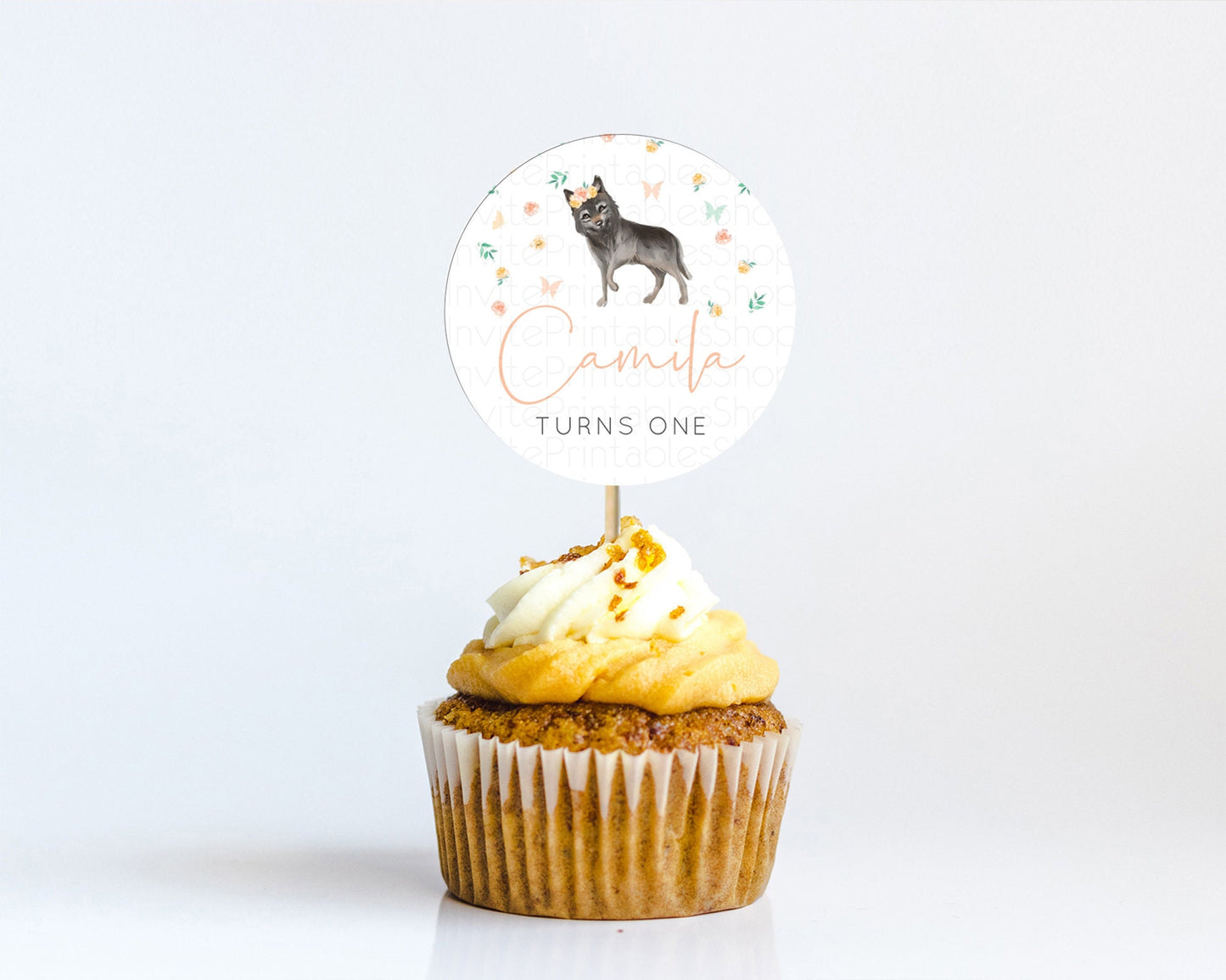 Wolf Cupcake Toppers Wolf Cupcake Pastel Wolf Decor Enchanted Forest Woods Wolf Floral Cupcake Howling Party Cupcake First Birthday D10362
