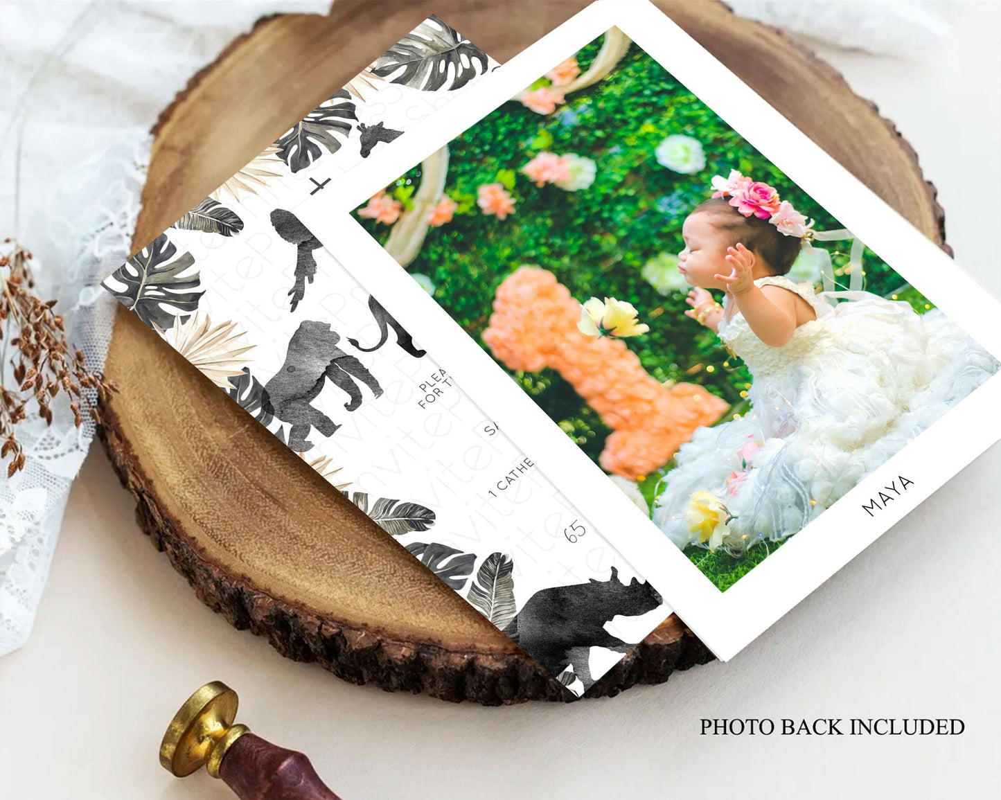 Safari Baptism Invitation Safari Adventure Baptism Birthday Invitation Lion Gorilla Elephant Rhino Tropical Palm Jungle Adventure D10865