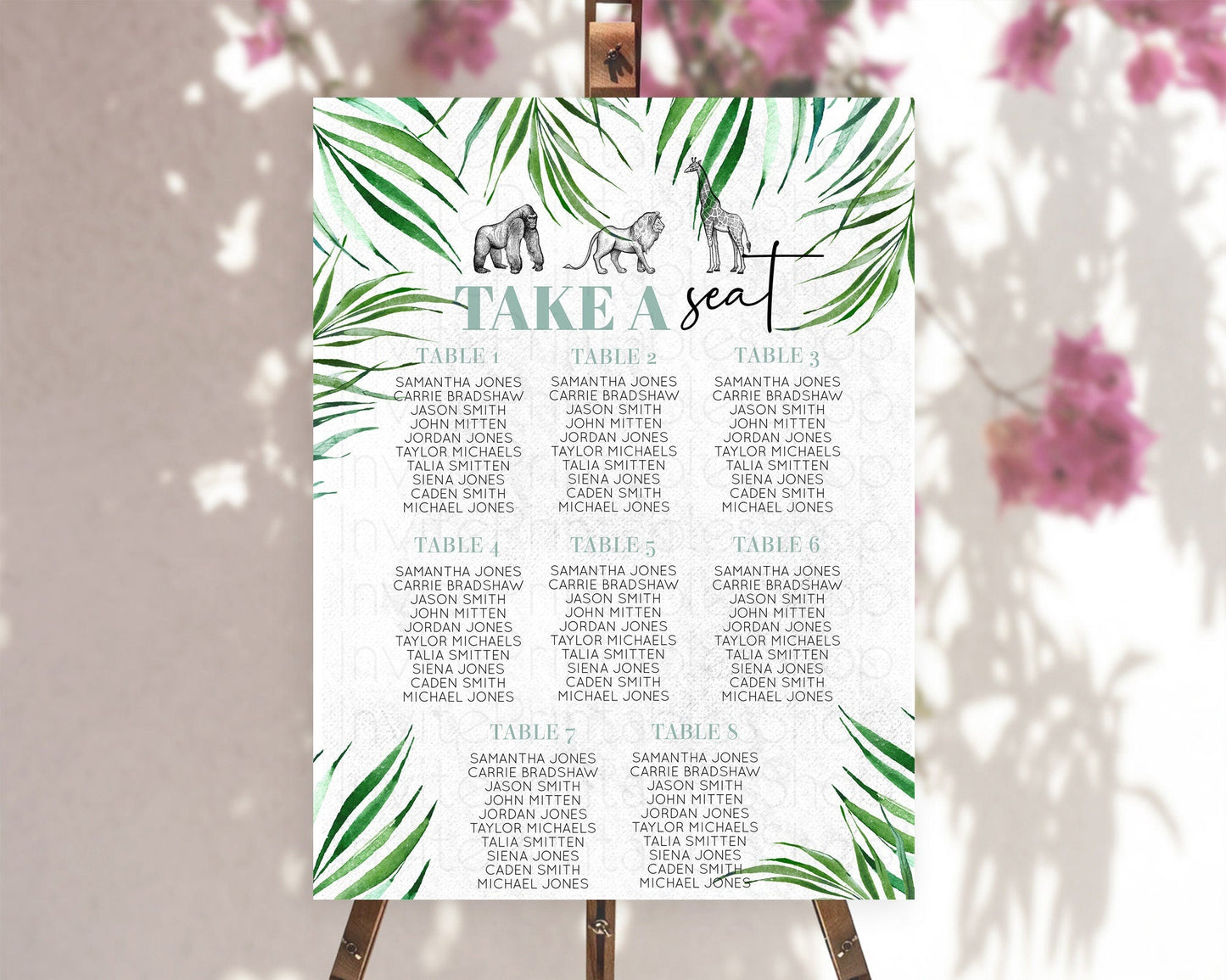 Safari Seating Chart Lion Gorilla Elephant Rhino Tropical Palm Decor Jungle Safari Adventure Zoo Take A Seat Sign D10853