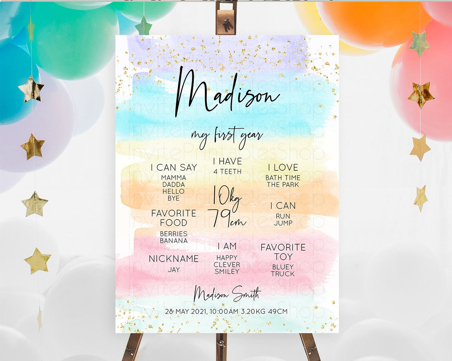 Pastel First Birthday Milestone Board Pastel Rainbow Milestone Poster Colorful Confetti Watercolor Glitter 1st Birthday Welcome Sign D10505
